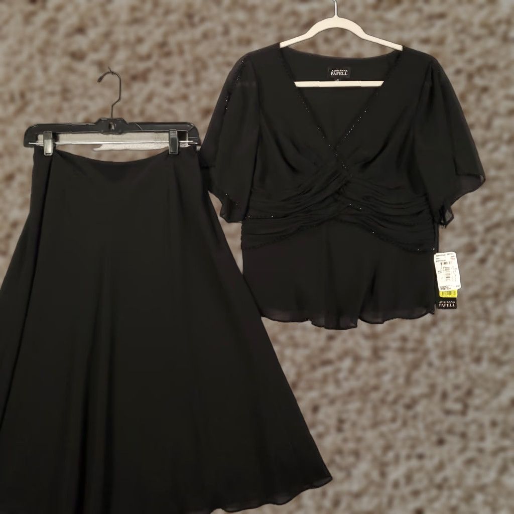 Adrianna Papell Adrianna Papell Brand New Evening Wear Outfit Set Women's 8 Black Beaded Layered Sheer Lined NWT Skirt Blouse 2 Piece Size M / US 6-8 / IT 42-44 - 1 Thumbnail