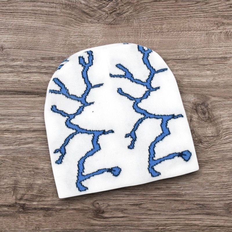 Y2K Avantgarde Alt Grunge Lightning Beanie Hat in White, Men’s