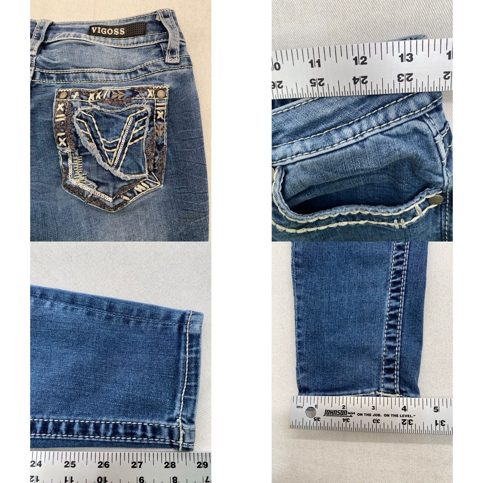 Vintage VIGOSS Womens Denim Jeans Skinny 2 27x29 Blue Solid Distressed Pockets Stretch Embroidered Sequin 5-Pocket Regular Womens Size 26" / US 2 / IT 38 - 8 Thumbnail