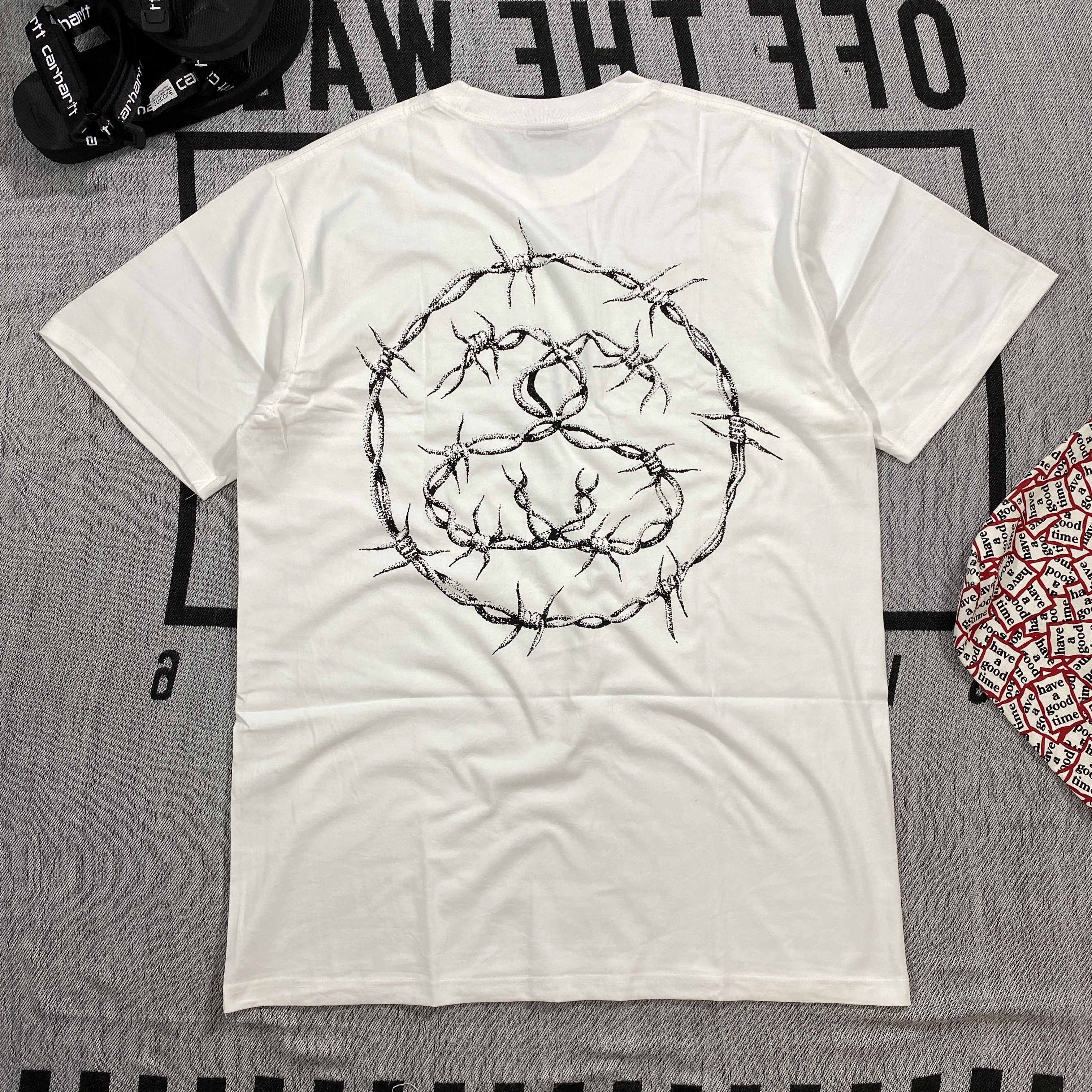 image of Stussy Barb Iron Logo Tee Large in White, Men's