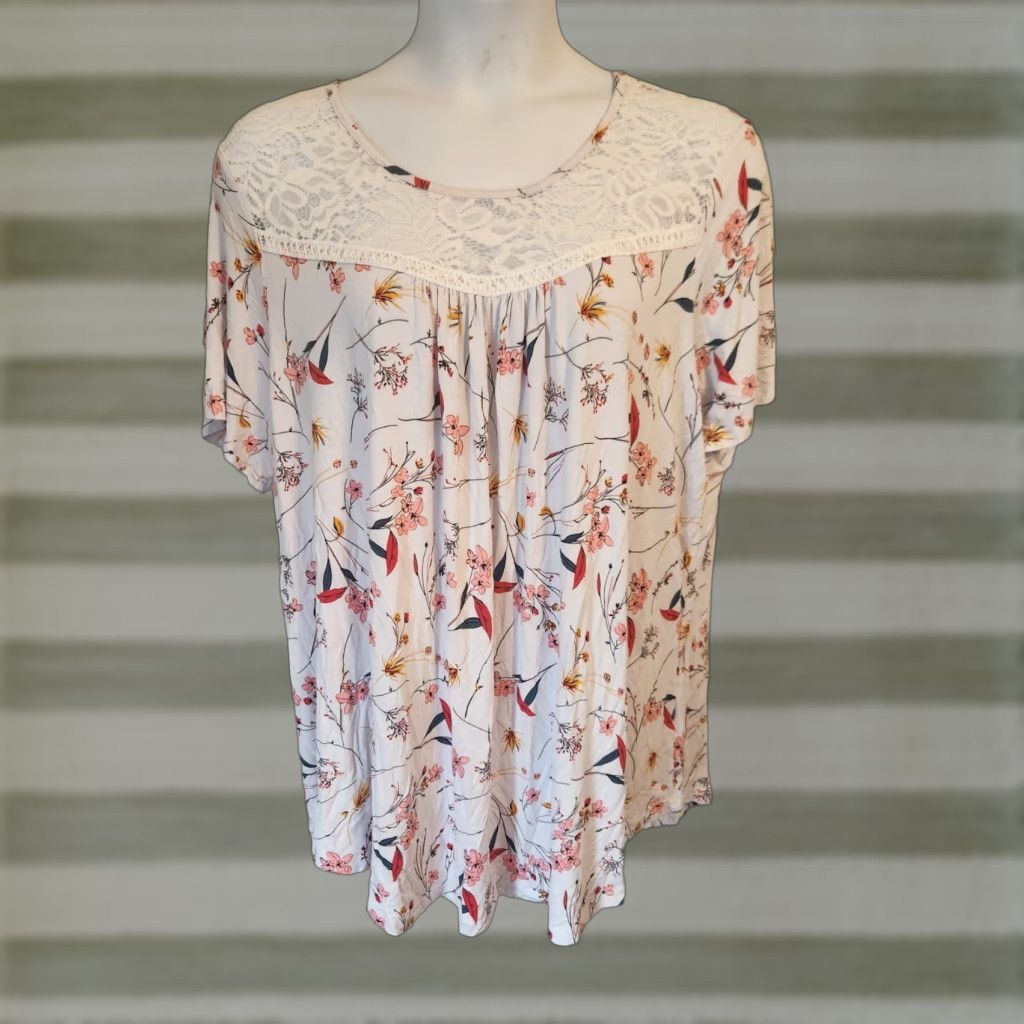 Vintage Taohuadao White Lace Trim Floral Print Short Sleeve Casual Top Shirt 4XL Size XXL / US 16-18 / IT 52-54 - 1 Thumbnail