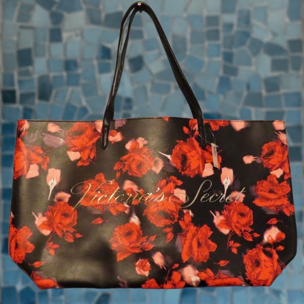 Victoria's Secret VINTAGE: No — Victoria's Secret Limited Edition 2019 Tote Bag, Red Floral Rose, PVC, Black / Red, Large, Open Closure, 12x20x5 in, Weekender, Women Size ONE SIZE - 1 Thumbnail