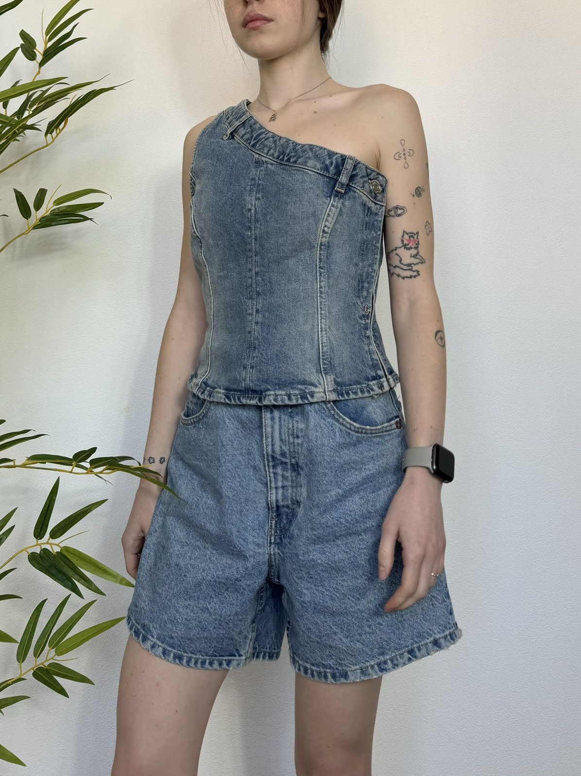 DENIM JEANS STYLE OFF SHOULDER TANK TOP
