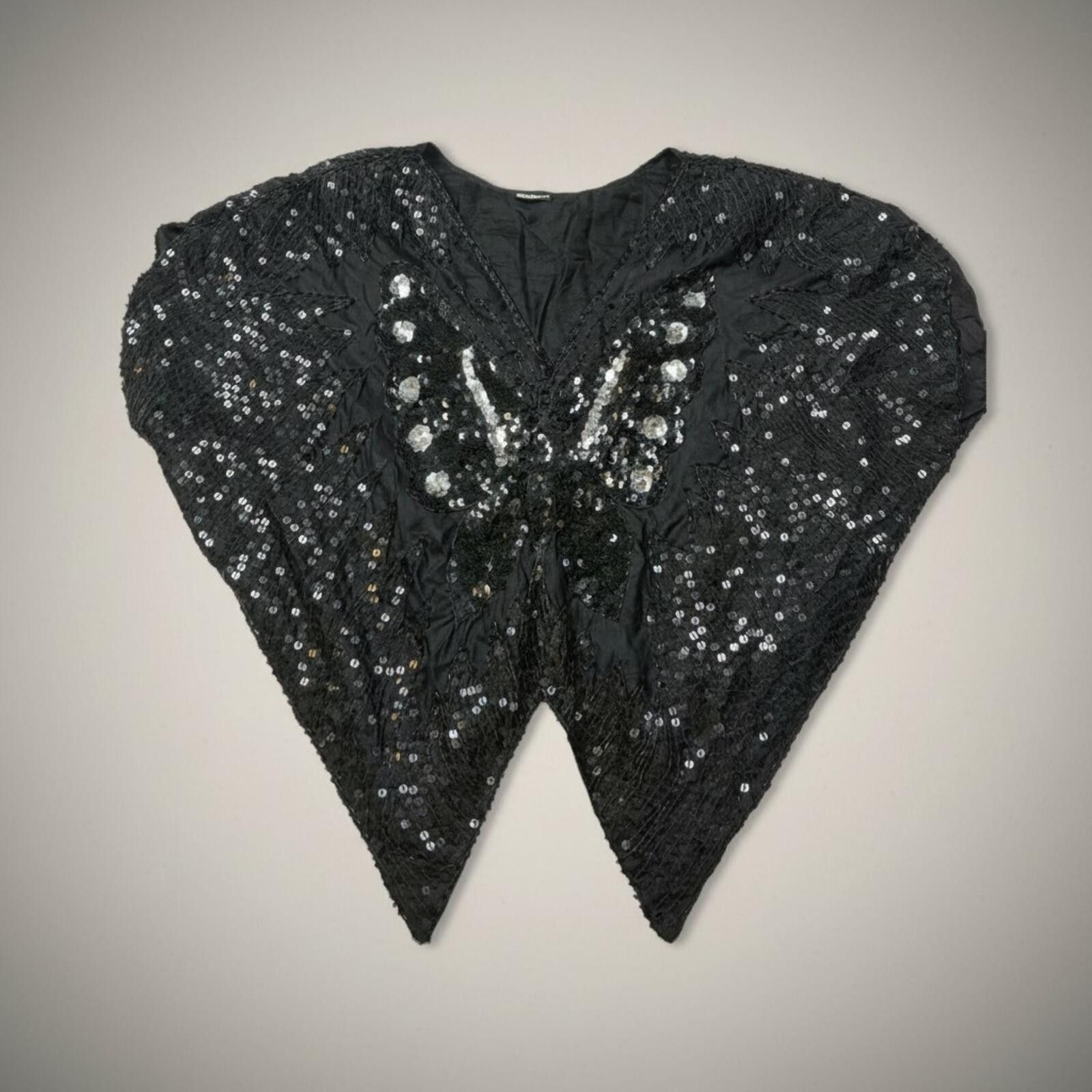 Other Vintage 90s Black Sequin Butterfly Top Silk Beaded Festival Size M / US 6-8 / IT 42-44 - 2 Thumbnail
