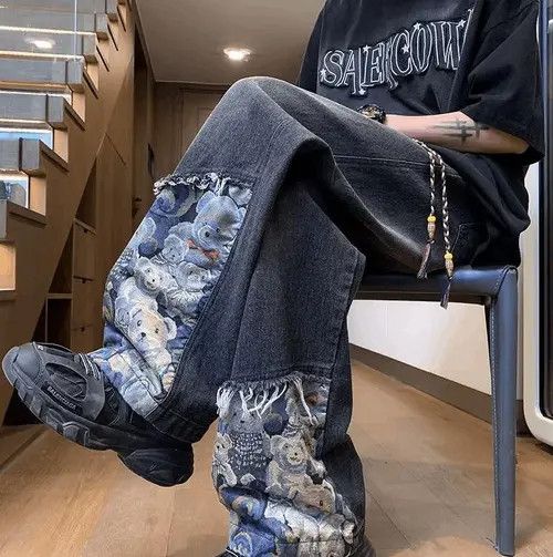 VIBE Teddy Patchwork Baggy Straight Jeans Size US 42 / EU 58 - 5 Thumbnail