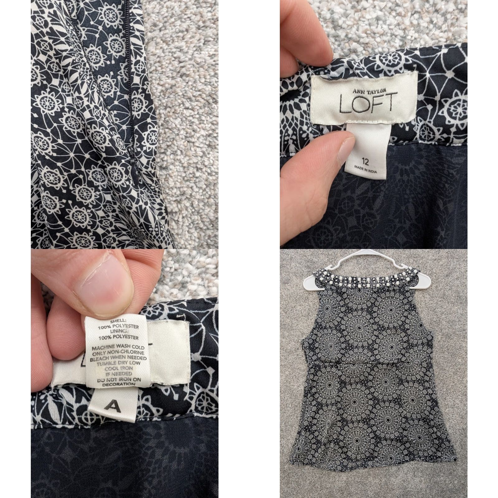 Ann Taylor Ann Taylor LOFT Tank Womens 12 Black White Sleeveless Embellished Geometric Print Beaded Sequin Zipper Scoop Neck Casual Elegant Bohemian Modern Women Size XL / US 12-14 / IT 48-50 - 8 Thumbnail