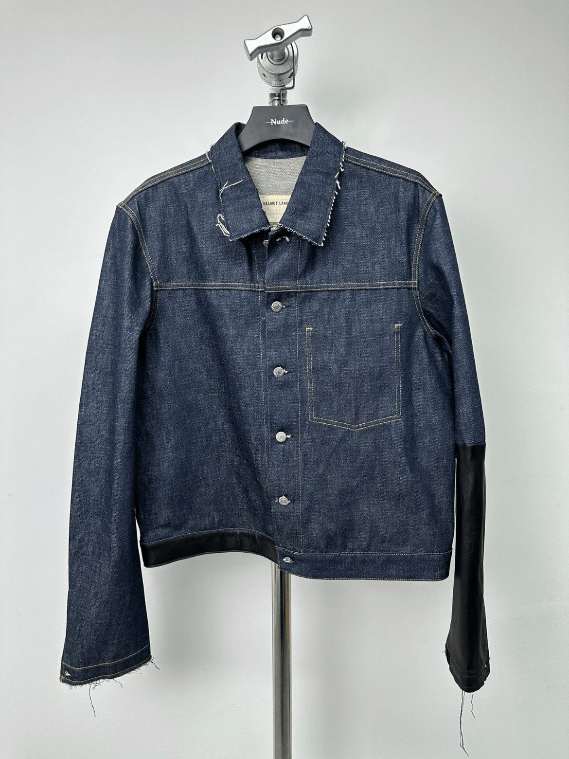 Helmut Lang HELMUT LANG LEATHER SLEEVE DENIM JACKET SS 03 | Grailed