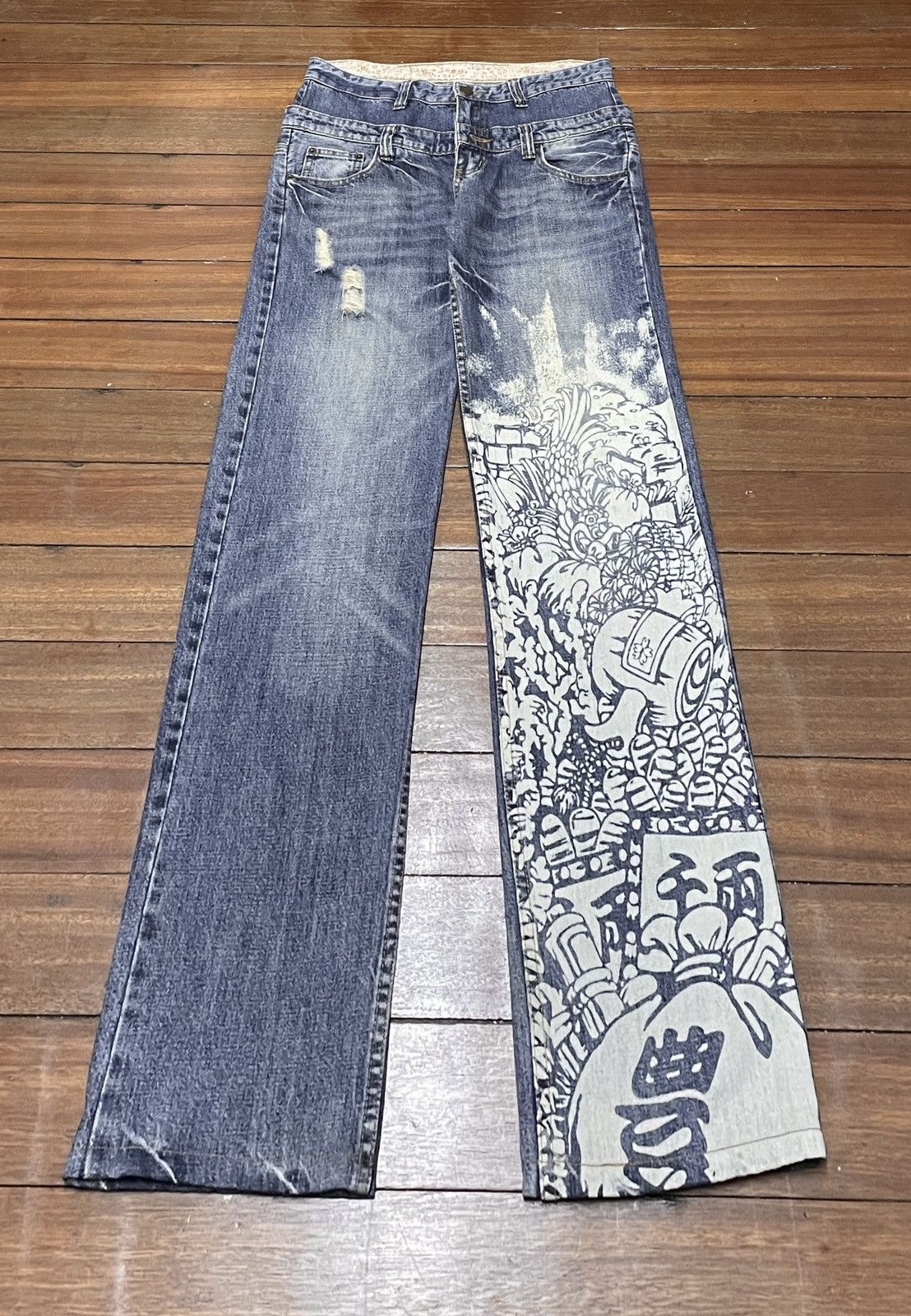Japanese Brand × Vintage Rare Vintage Japanese Brand Sukajan Double Waist Jeans 1990s Size US 31 - 1 Thumbnail