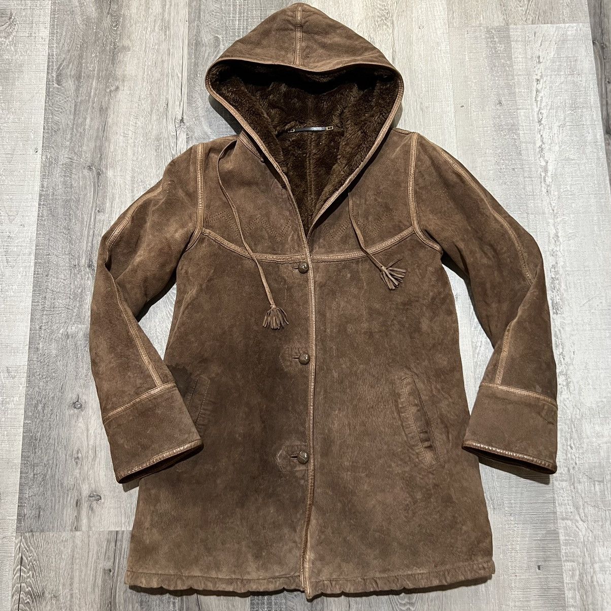 image of Vintage VTG 70's Brown Suede Hooded Fur Lined Boho Parka Jacket, Women's (Size Small)