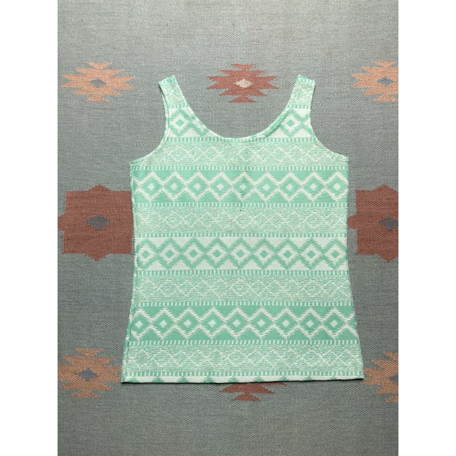 Vintage VINTAGE 70s tank top Sleeveless shirt Geometric Diamonds Polyester Knit Women 9/10 Medium Green Mens? Size M / US 6-8 / IT 42-44 - 4 Thumbnail