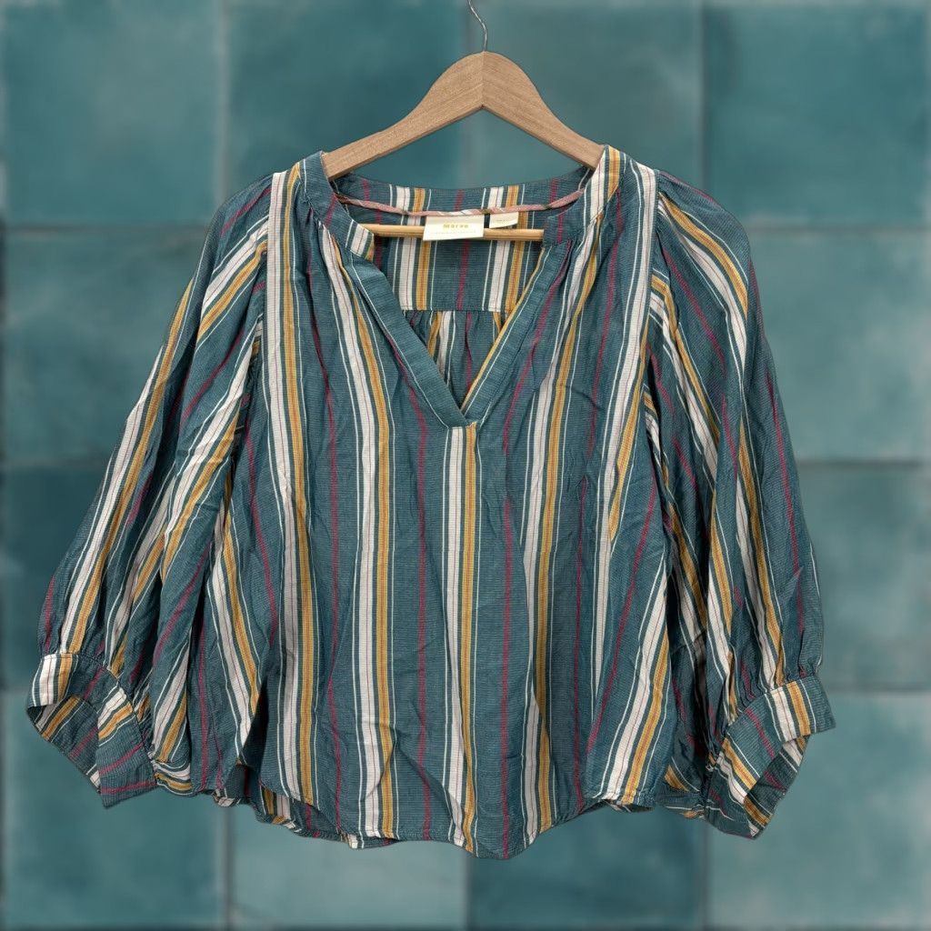 Vintage Maeve Striped Balloon Sleeve Top Womens Small Green Blouse V-Neck 3/4 Sleeve Rayon Woven Casual Relaxed Vintage No Size S / US 4 / IT 40 - 1 Thumbnail