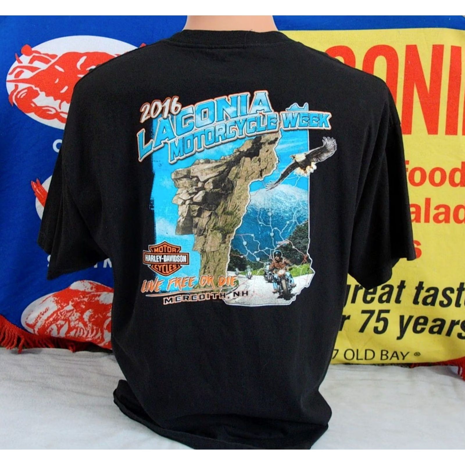Harley Davidson Harley-Davidson Motorcycles Shirt Mens 2XL Black Graphic Print Double-Sided Laconia Bike Week Meredith NH USA 2016 Vintage? No Size US XXL / EU 58 / 5 - 2 Thumbnail