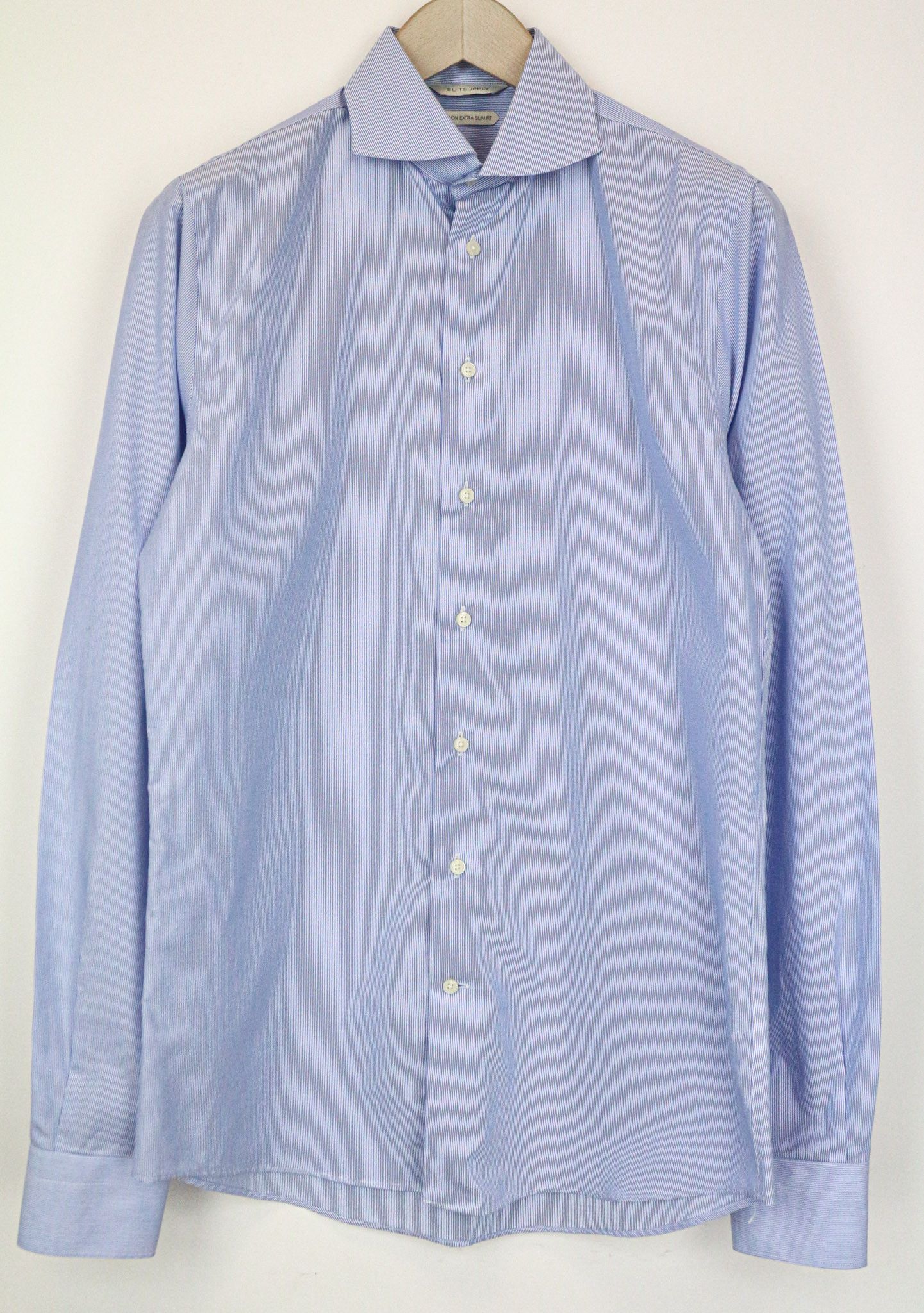 Suitsupply 39-7/15 1/2L Extra Slim Blue Cotton Striped Shirt 77033 Size 38R - 1 Thumbnail
