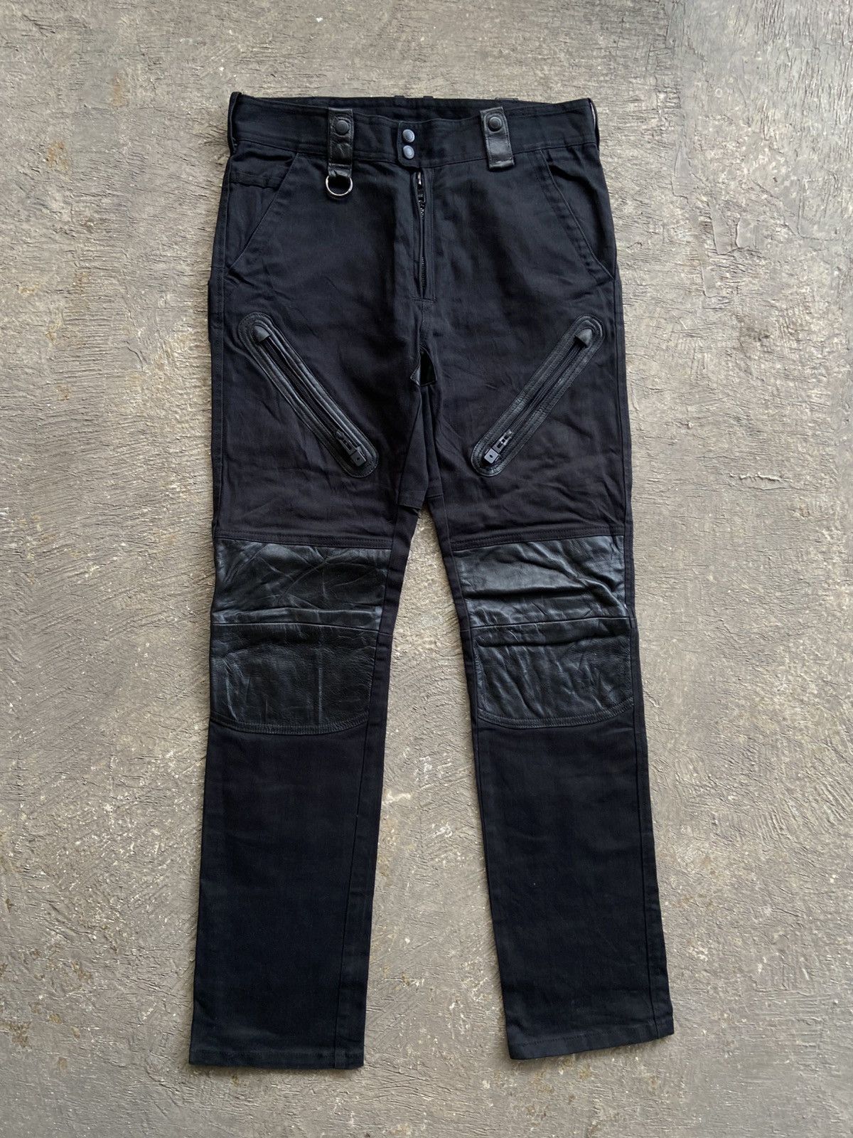 Japanese Brand 2000s P.D.W - Vkei Style Denim Leather Riders Pants Size US 33 - 1 Thumbnail
