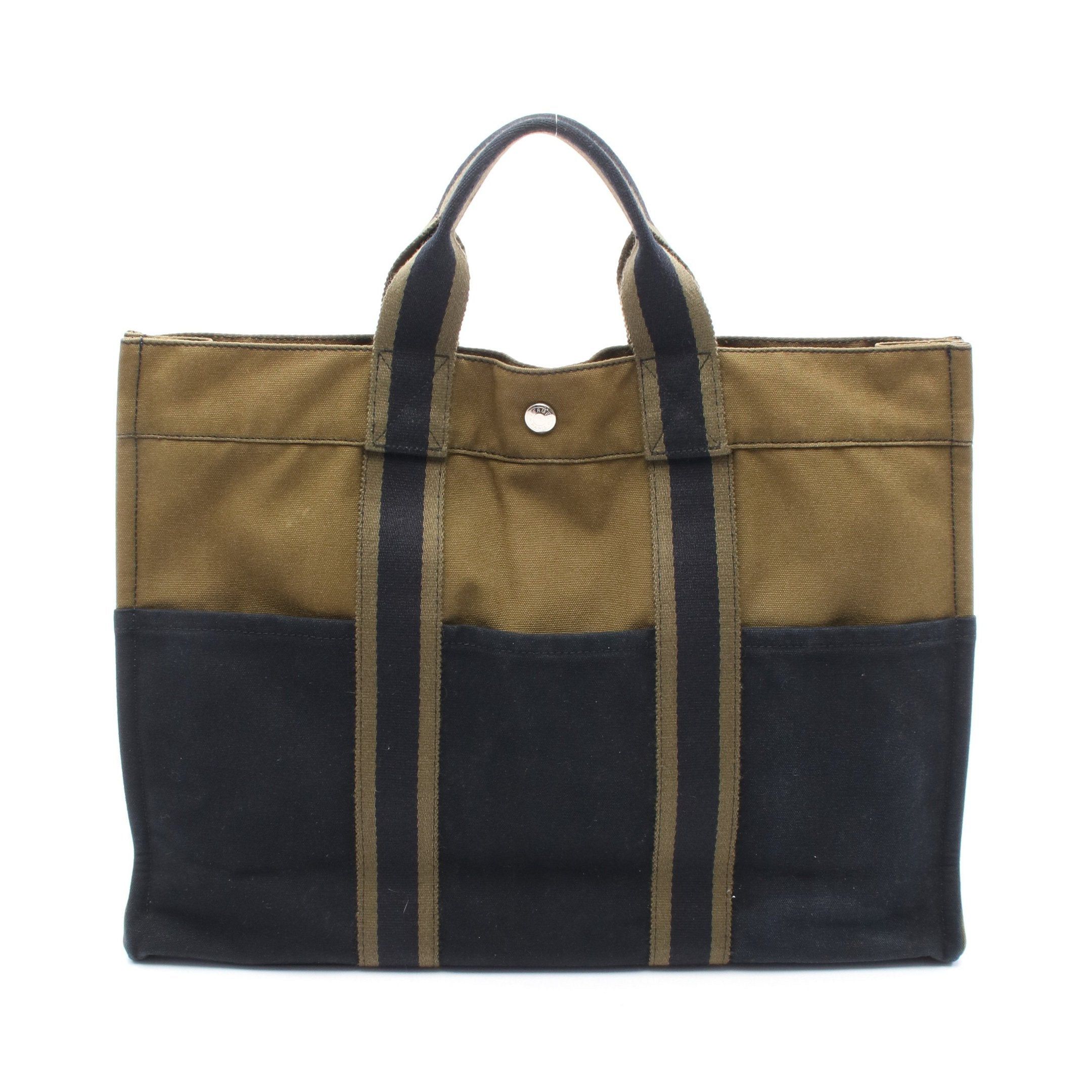 Hermes Fool Toe Mm Handbag Tote Bag Cotton Canvas Khaki Green Black Silver Hardware, Women's