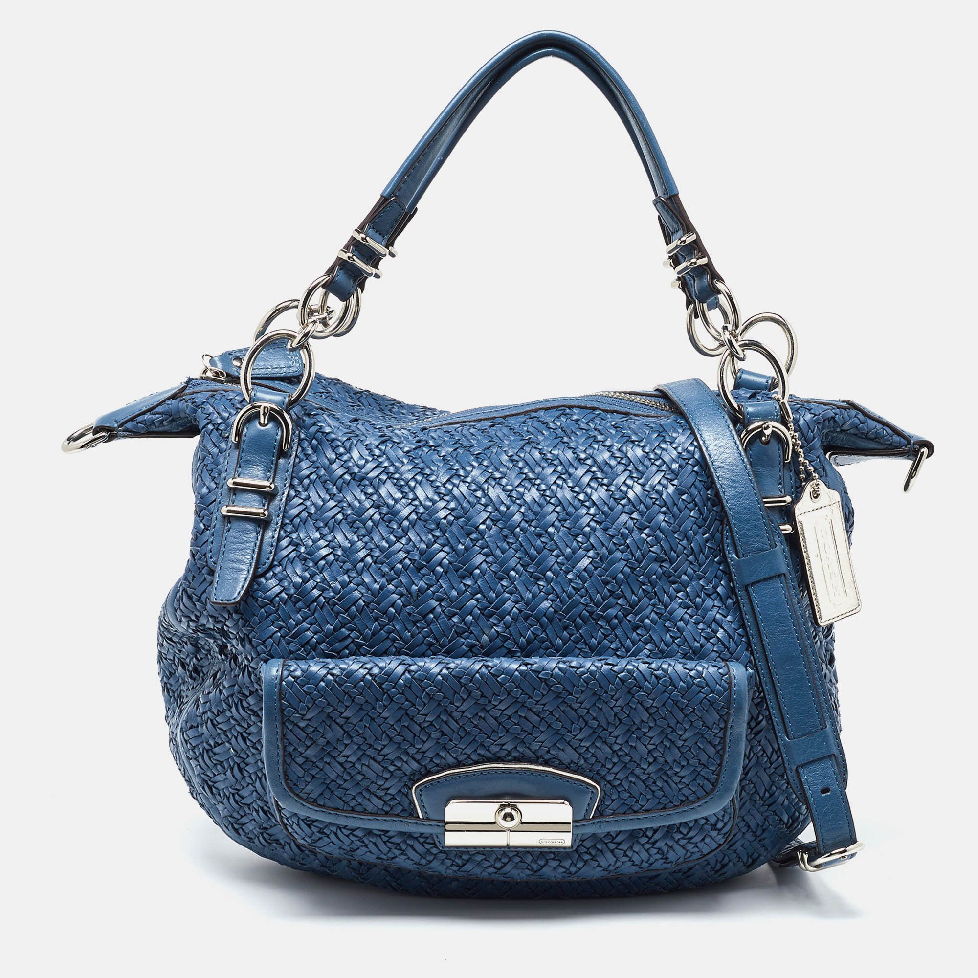 image of Coach Blue Woven Leather Kristin Hobo, Women's