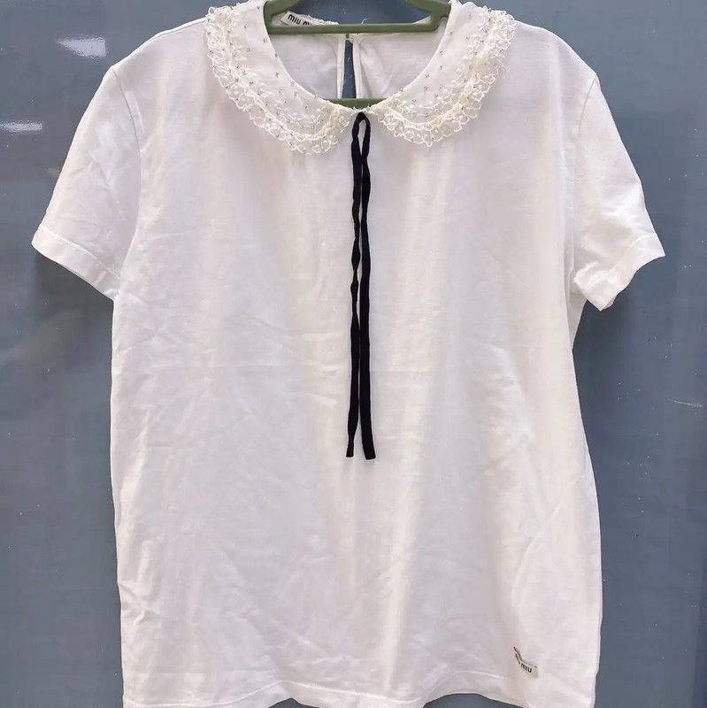Miu Miu Miu Miu White Cotton T-Shirt with Lace Collar 0089 Size L / US 10 / IT 46 - 1 Thumbnail