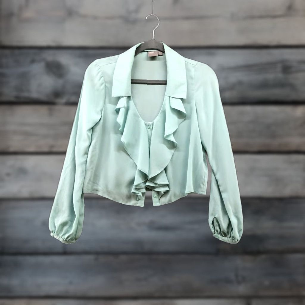 Asos ASOS Blouse Womens XS Blue Long Sleeve Chiffon Ruffle V-Neck Button Front Size XS / US 0-2 / IT 36-38 - 1 Thumbnail