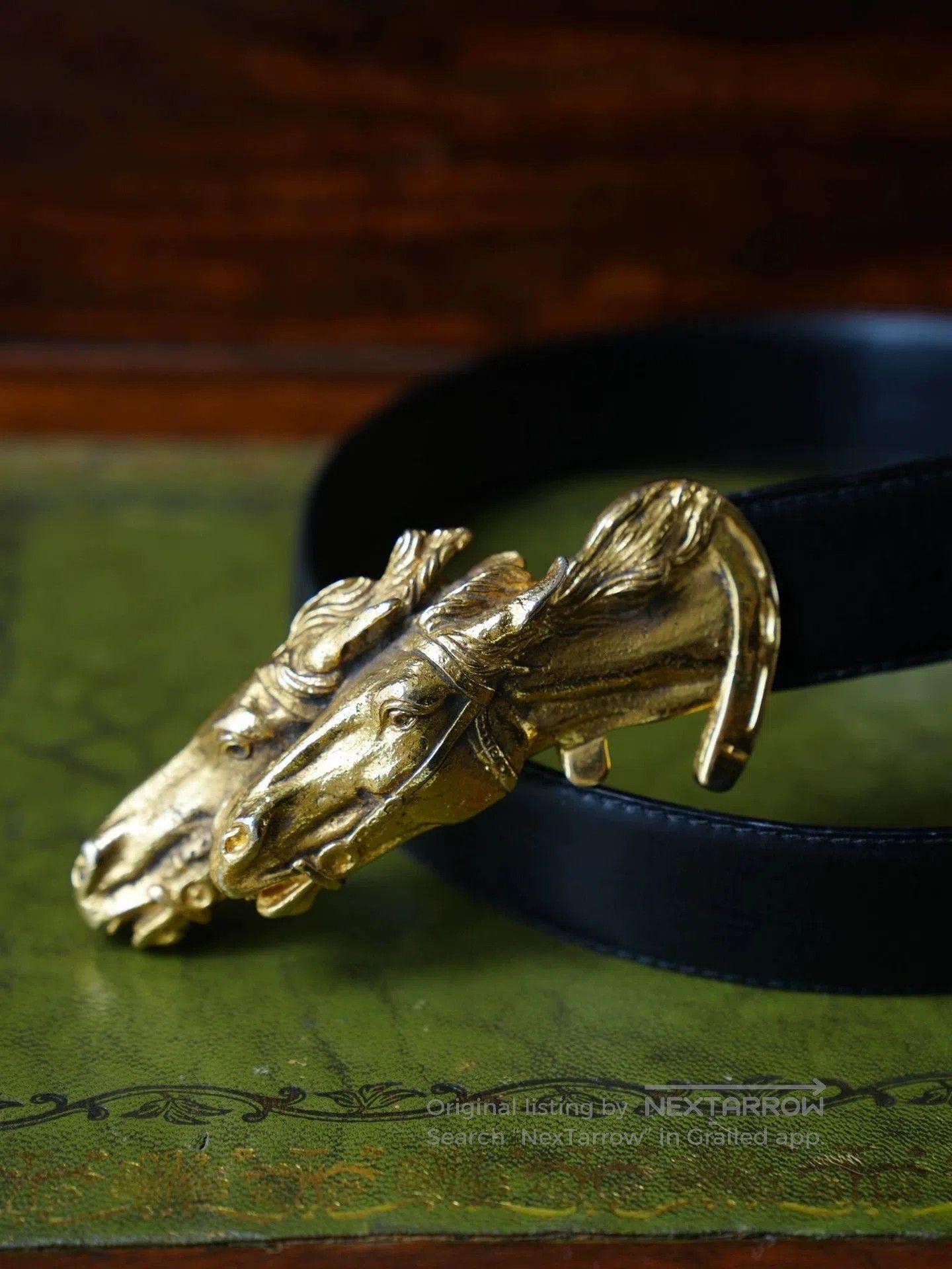 Gucci Black Belt with Gold Double Horse Head Buckle. Size ONE SIZE - 3 Thumbnail