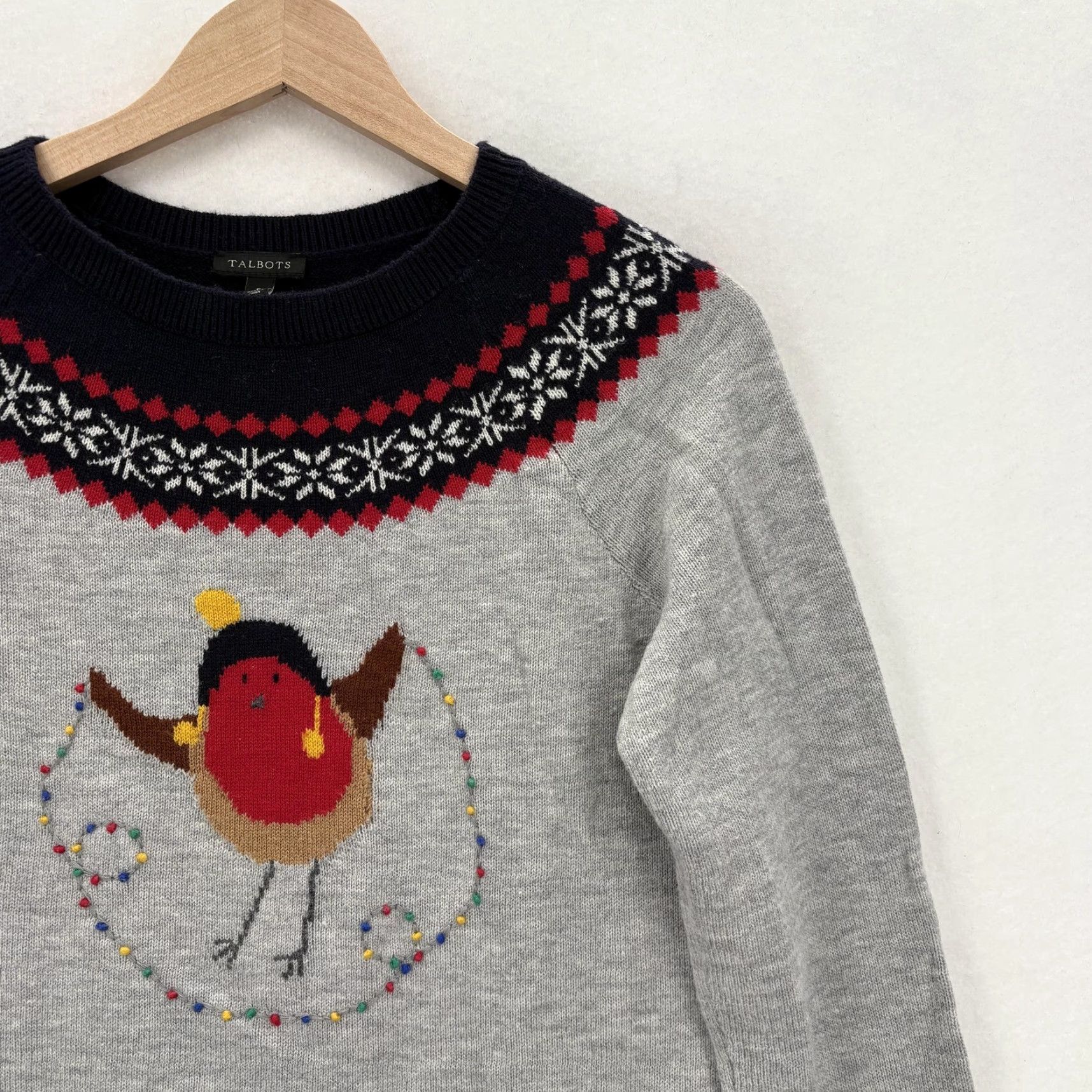 Talbots Talbots Sweater Womens Small Gray Fair Isle Robin Bird Christmas Knit Lambswool Size S / US 4 / IT 40 - 2 Thumbnail