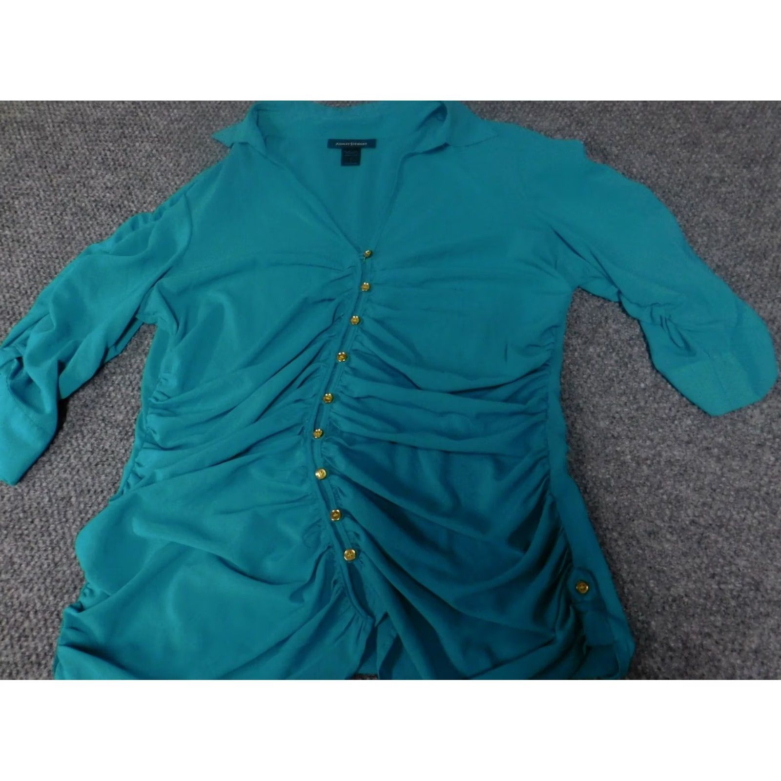 Vintage Ashley Stewart Womens Blouse 12 blue Graphic stretch pullover Shirt Cap Sleeve Crew Neck Button-Up Casual Womens 12 Blue Regular Stitch Size XL / US 12-14 / IT 48-50 - 3 Thumbnail
