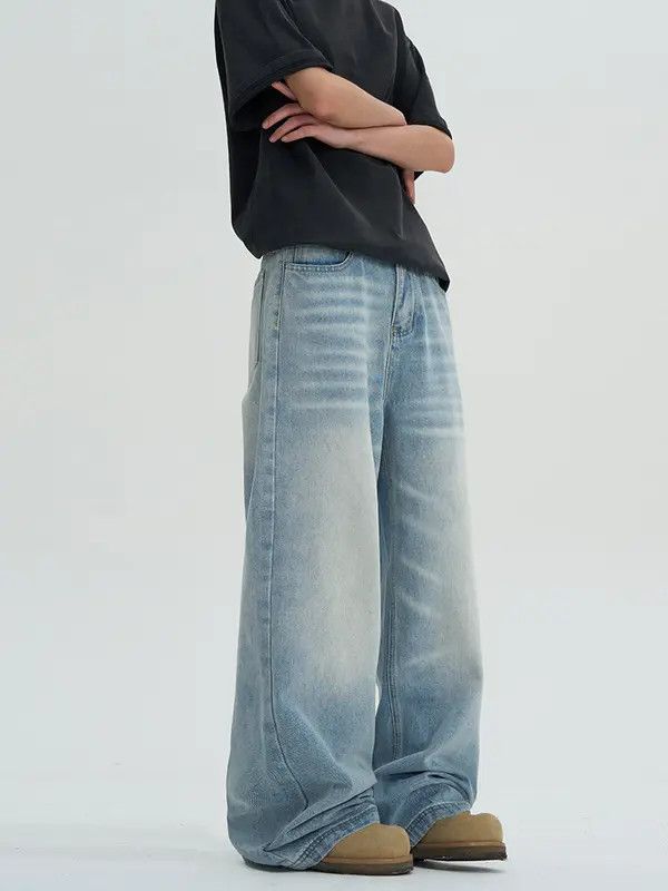 Jean Blue Washed Baggy Denim Jeans, Loose Wide Leg Jeans Size US 32 / EU 48 - 7 Thumbnail