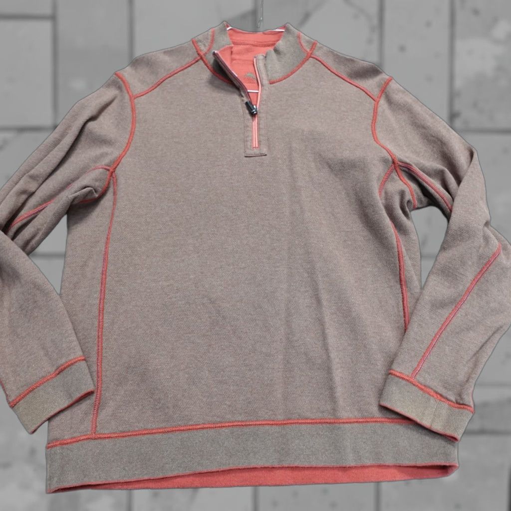 Tommy Bahama Tommy Bahama Sweater Reversible Knit Long Sleeve V-Neck 1/4 Zip Cotton Polyester M Brown Mens Regular Size US M / EU 48-50 / 2 - 1 Thumbnail