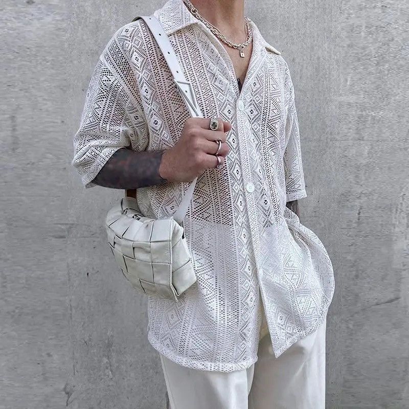 image of Tee Mesh See Through Lapel Sexy Short Sleeve Streetwear Y2K in White, Men's (Size Medium)
