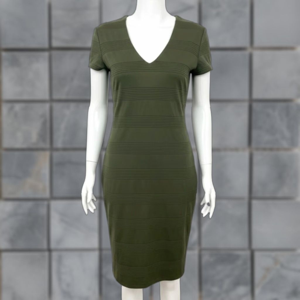 Vintage Bisou Bisou Bodycon Dress Women 14 Short Sleeve Olive Green V-Neck Party Cocktail Size 36" / US 14 / IT 50 - 1 Thumbnail