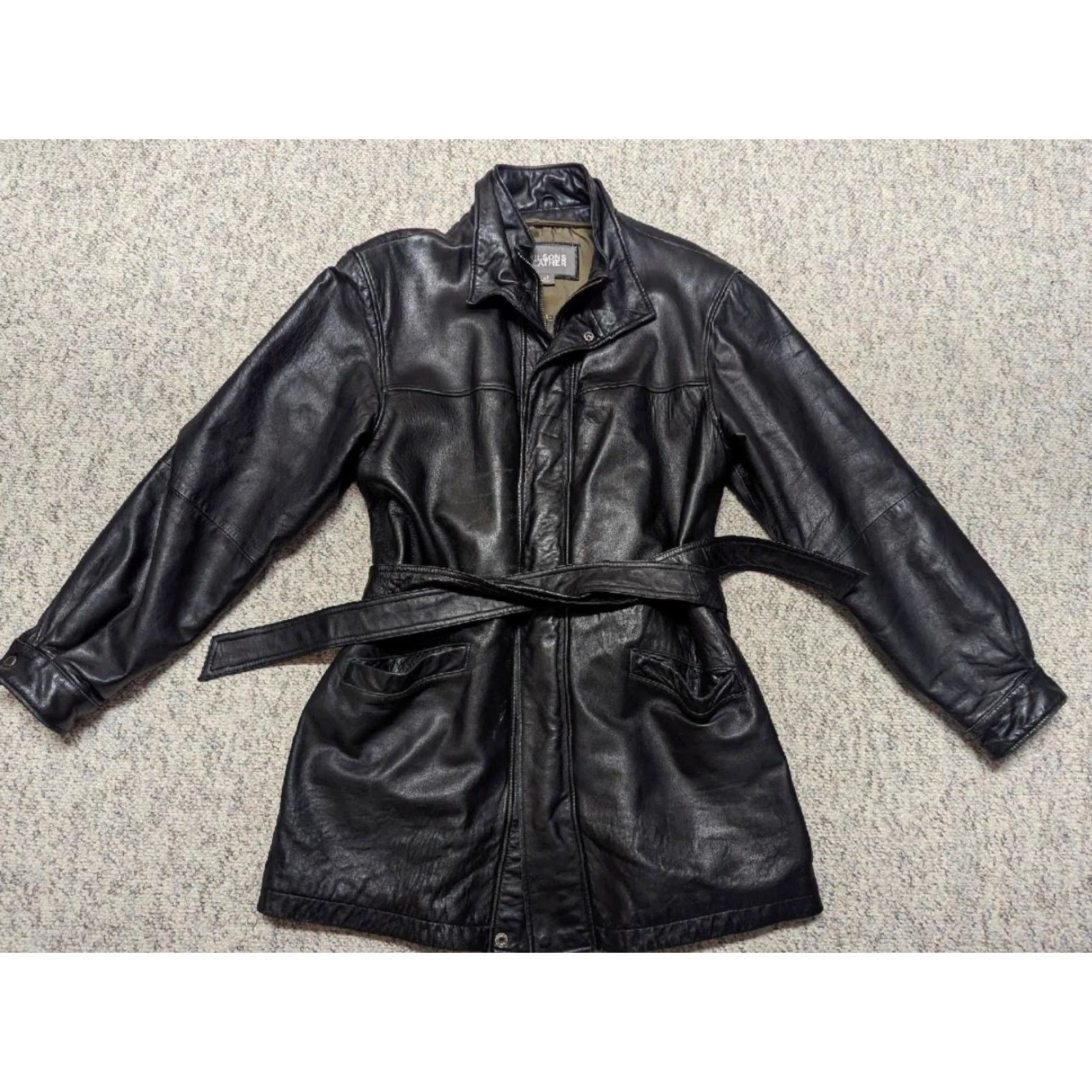 Vintage VINTAGE WILSONS LEATHER Coat LT belted leather black jacket overcoat 1990s Lambskin Mens LT 44-46 36" 24.5" 21" 26.5" zip snap belted Size US L / EU 52-54 / 3 - 2 Thumbnail