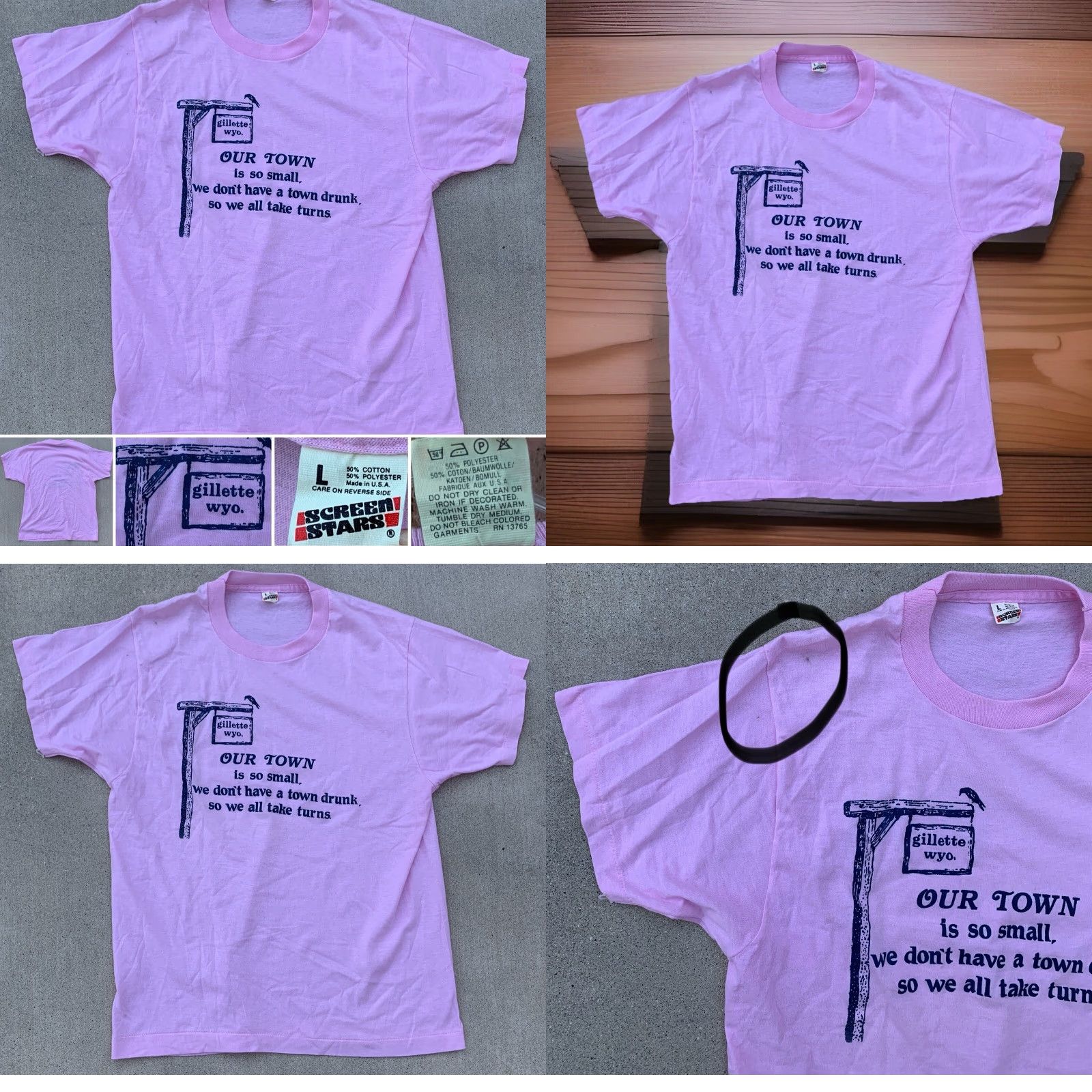 Vintage VINTAGE Screen Stars T-Shirt Mens L Pink 1980s Funny Our Town Is So Small We Dont Have A Town Drunk Graphic Print Cotton Blend Short Sleeve USA Size US L / EU 52-54 / 3 - 8 Thumbnail
