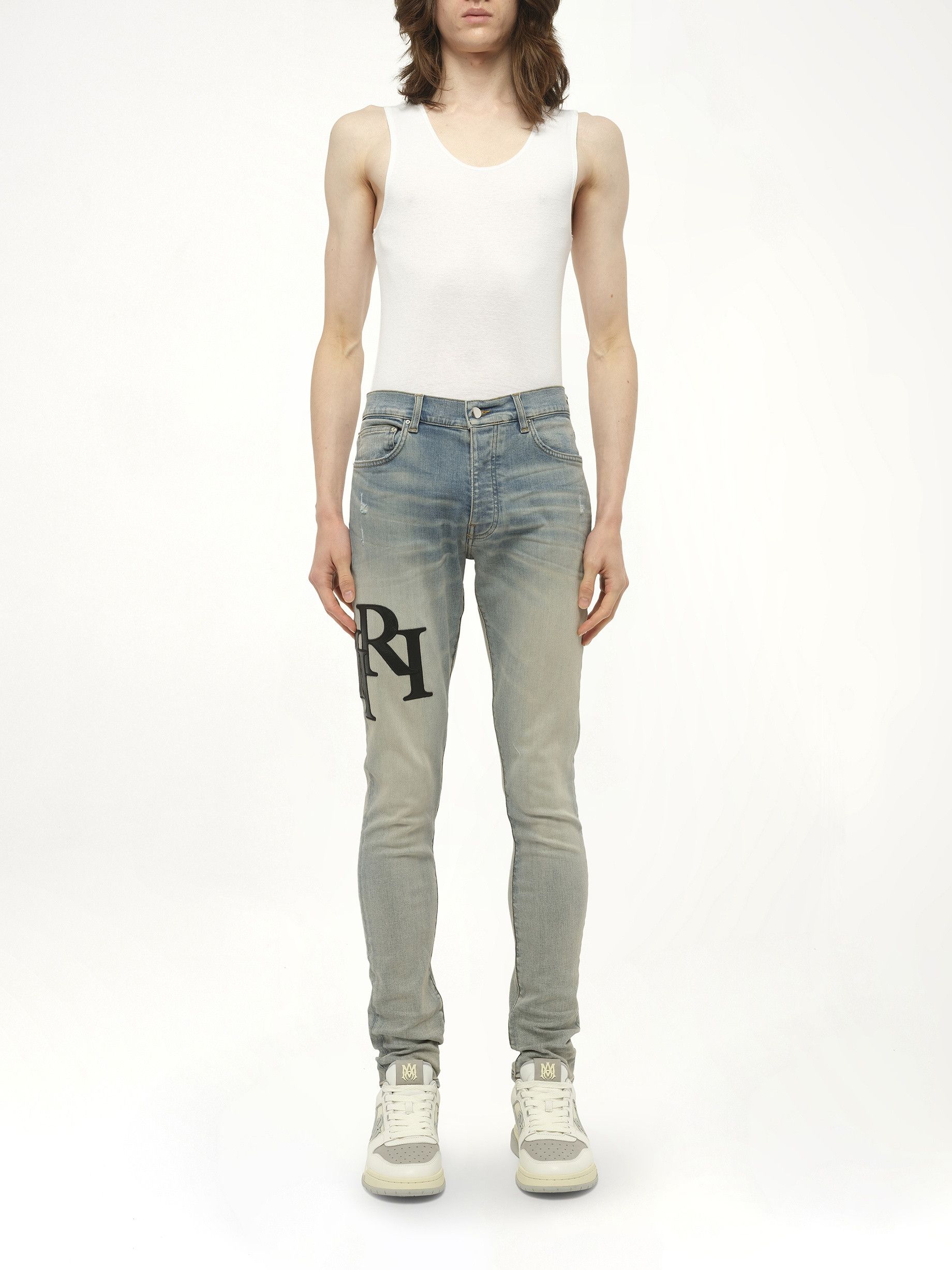 Amiri os11x1225 Staggered Logo Skinny Jeans in Blue Size US 30 / EU 46 - 7 Thumbnail