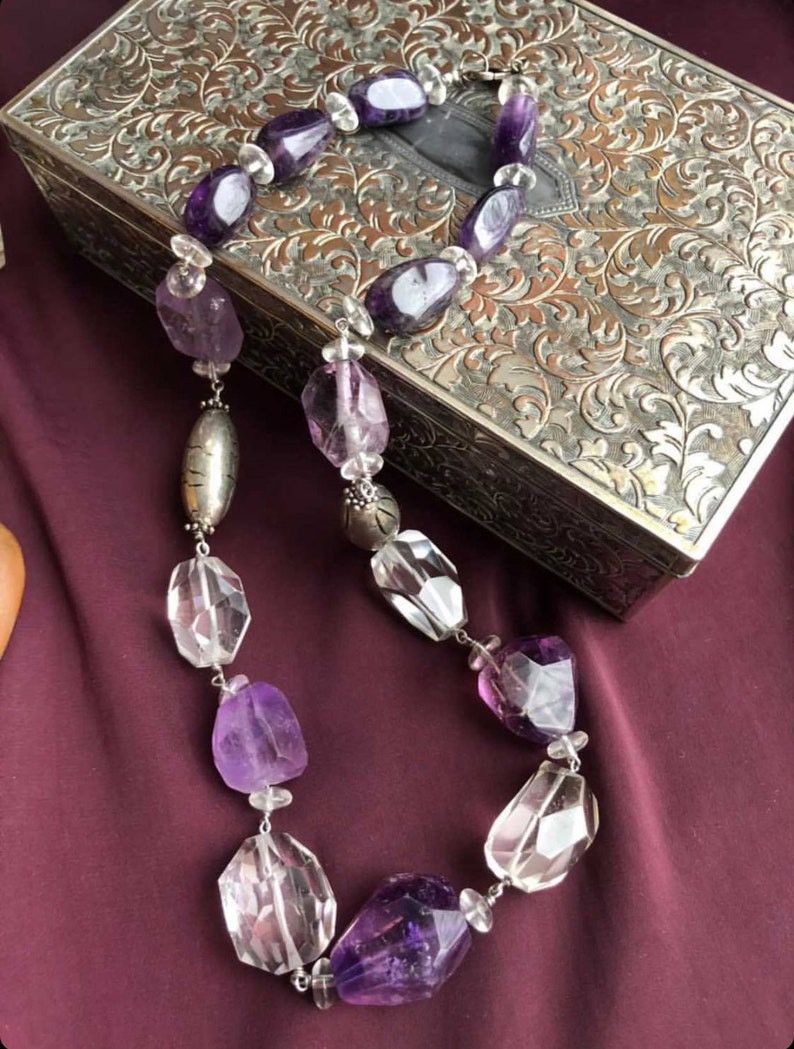 Jewelry Vintage Sterling Silver 925 Necklace Beads Natural Amethyst Size ONE SIZE - 1 Thumbnail