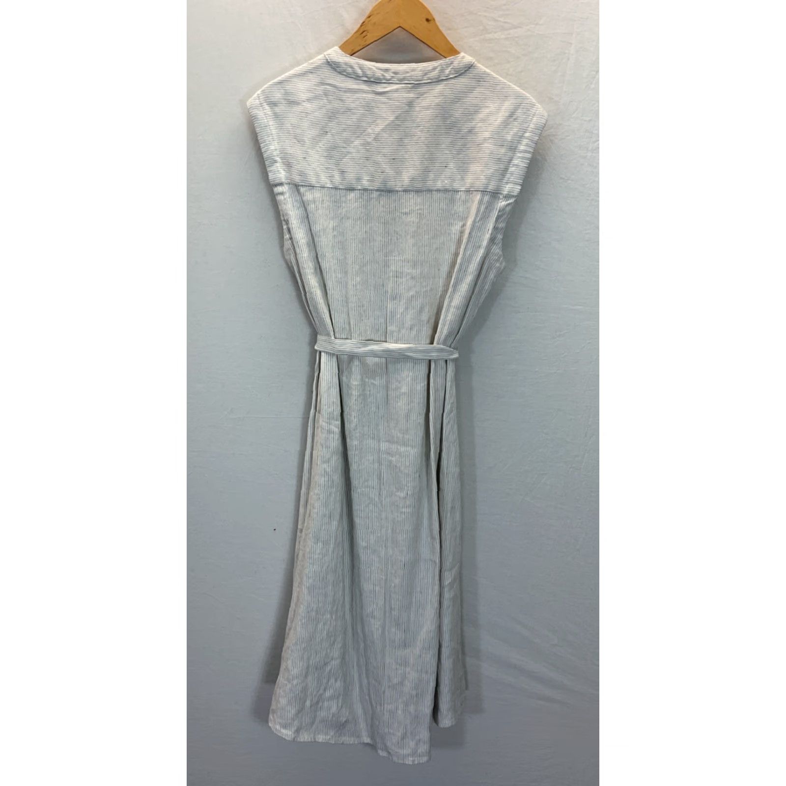 Tahari Dress Shirt Dress Women 10 White Pinstripe V-Neck Button Linen Blend  Stretch Knee Length