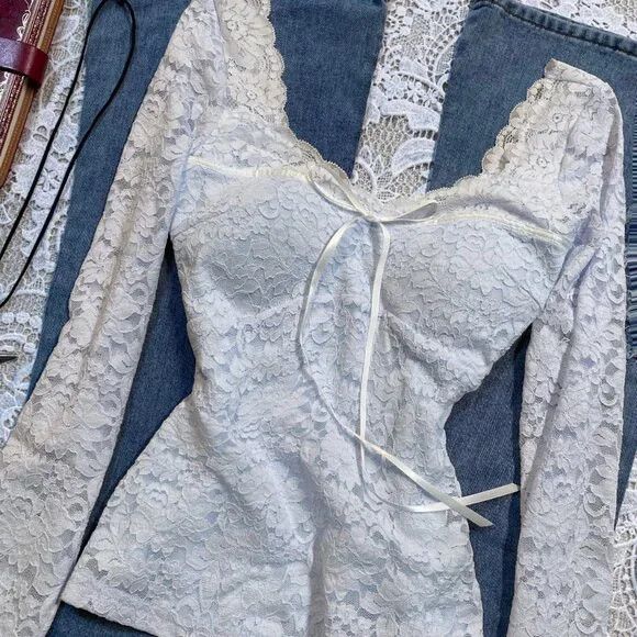 Other Vintage Blue Lace Long Sleeve Top Size M / US 6-8 / IT 42-44 - 4 Thumbnail