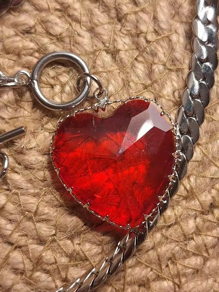 Jewelry Punk Red Heart Glas Pendant Necklace Choker Size ONE SIZE - 4 Thumbnail
