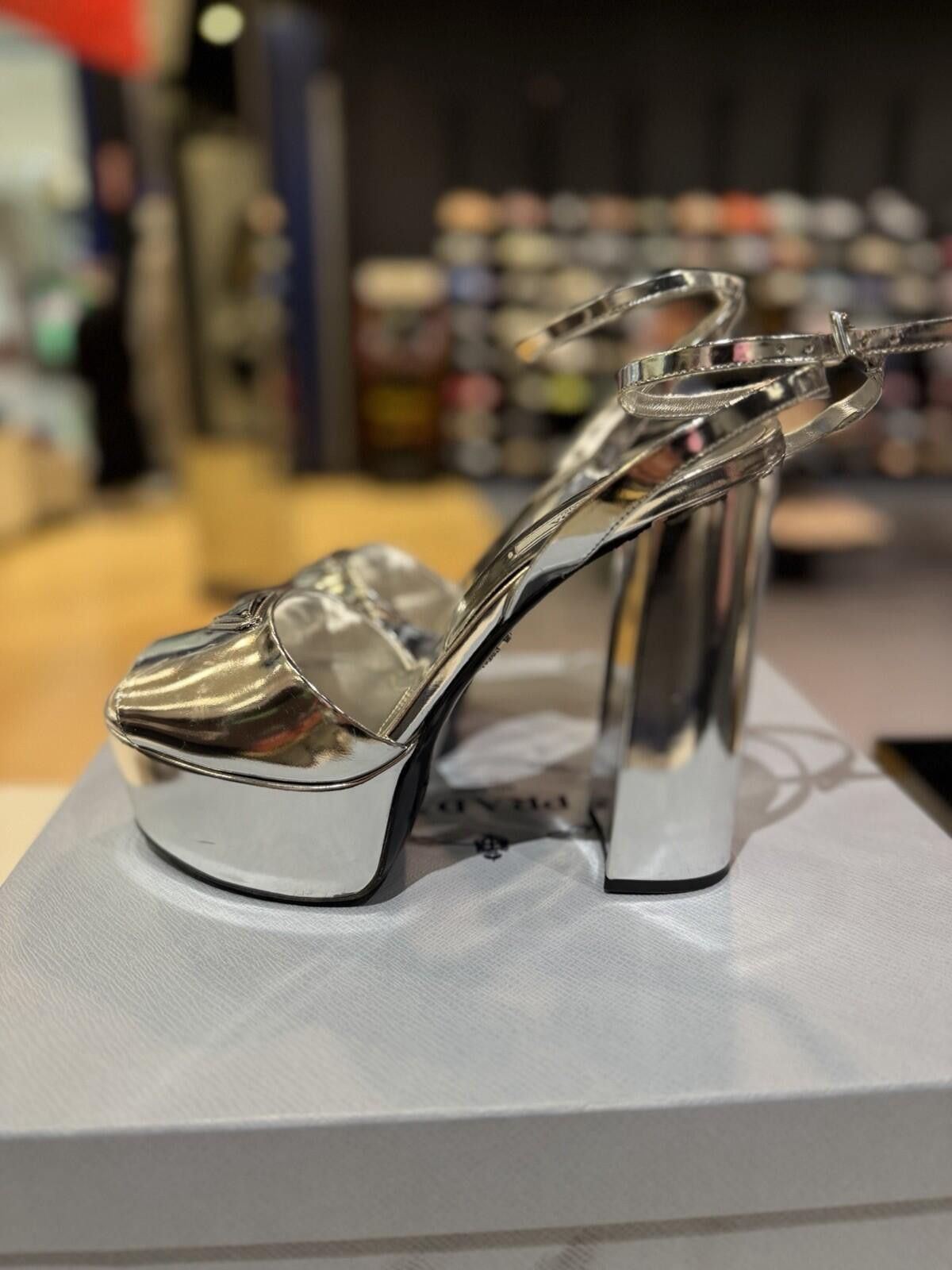 Prada Prada 135mm Metallic Silver Logo Platform Sandal Heel 39.5EU Size US 9.5 / IT 39.5 - 9 Thumbnail