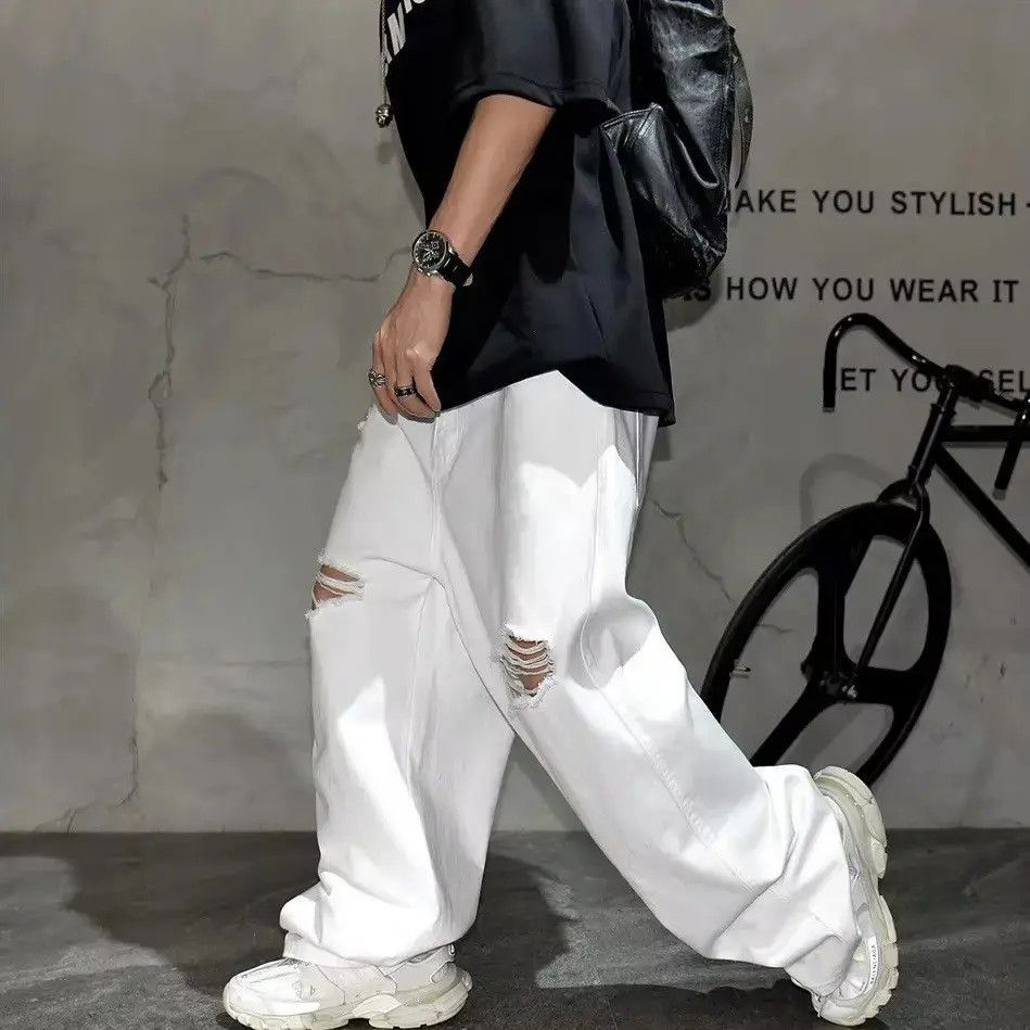 Japanese Brand Streetwear Baggy Straight Hole Distressed Jeans Size US 34 / EU 50 - 5 Thumbnail