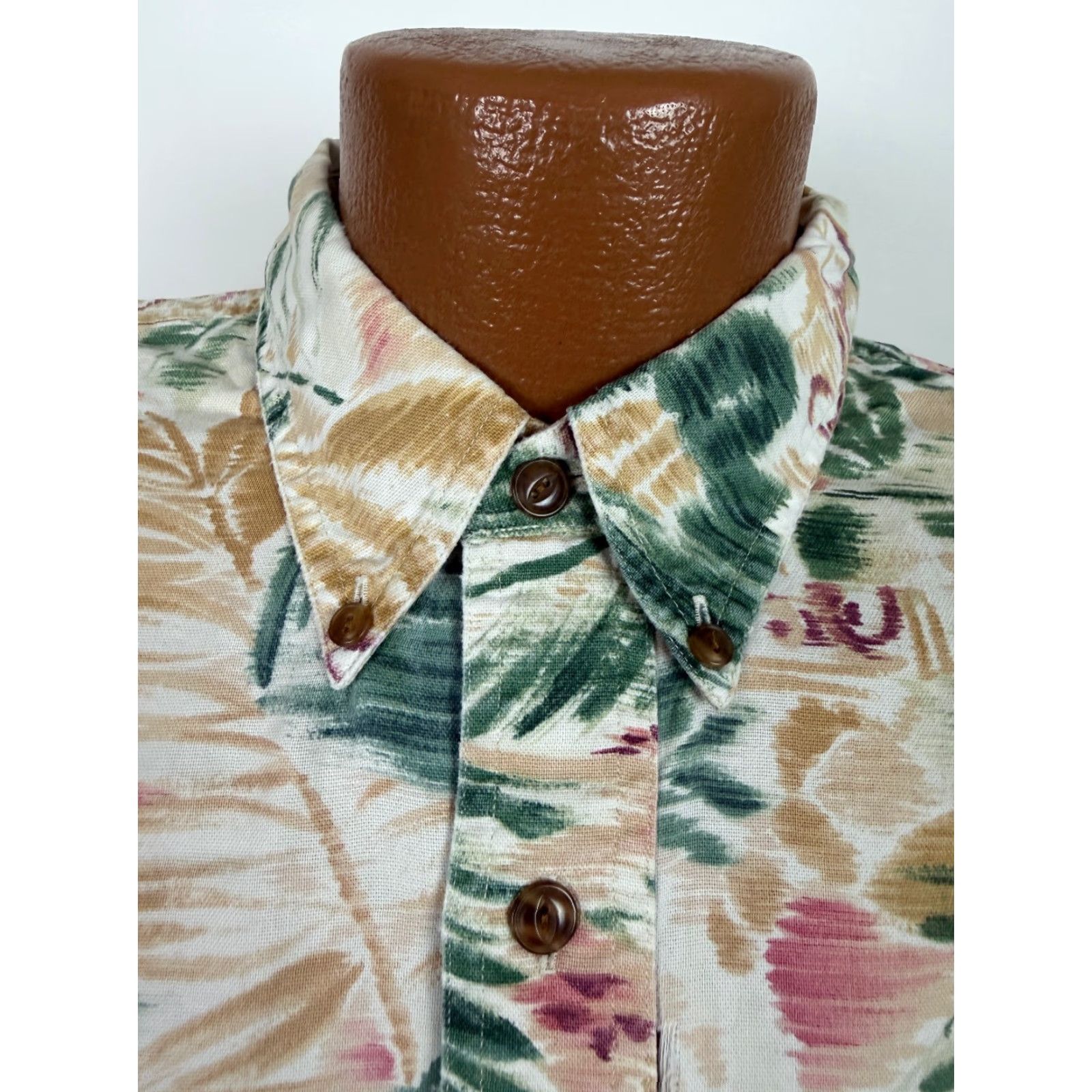 Chaps VINTAGE Chaps Shirt Men 90s Hawaiian Oxford Button-Up Short Sleeve Beige Cotton Floral Graphic Print Pocket Mens Large Size US L / EU 52-54 / 3 - 3 Thumbnail