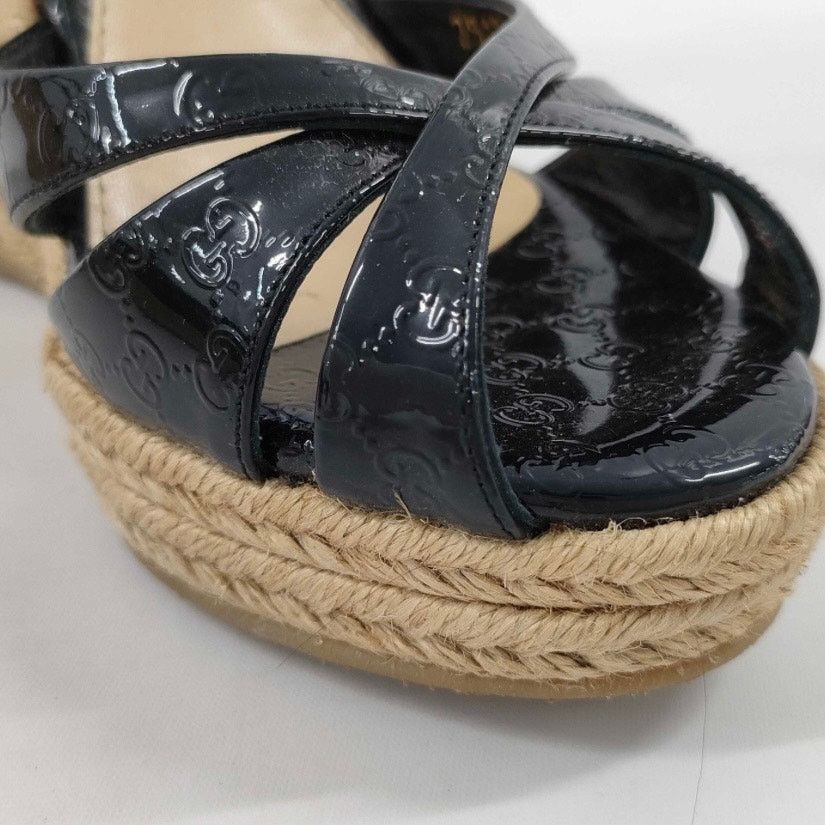 Gucci Gucci Black Patent GG Embossed Raffia Wedge Sandals Sz 38 Size US 8 / IT 38 - 6 Thumbnail