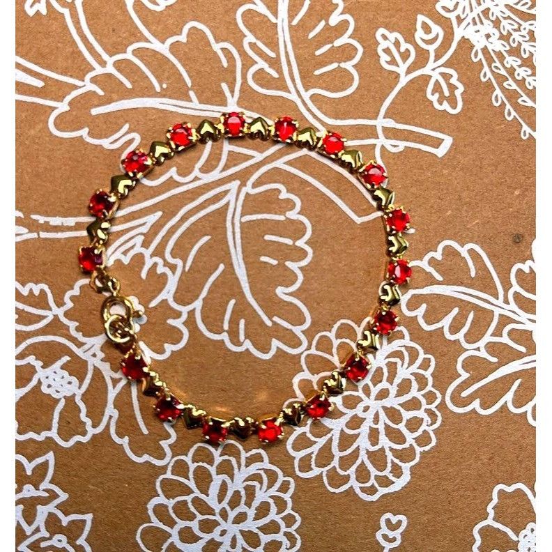 Other Vintage Gold Tone Red Rhinestone Heart Link Bracelet Size ONE SIZE - 1 Preview