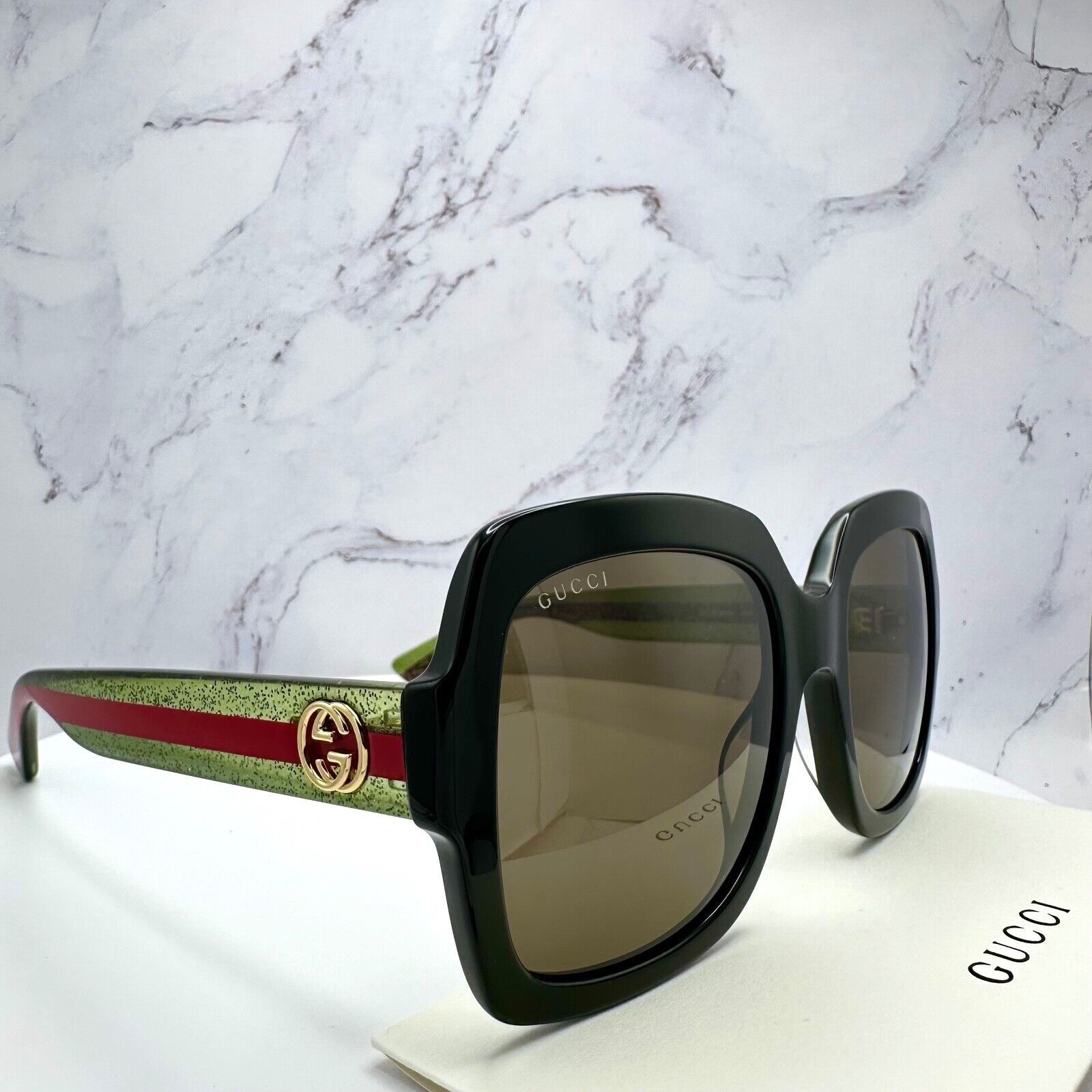 Gucci New Gucci Sunglasses Black Square Red Green Web Arms Gold Size ONE SIZE - 6 Thumbnail