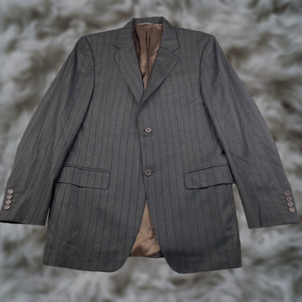 Canali Canali Blazer Men 2-Button Wool Flannel Black Brown Stripe Italy 40R Regular Notch Lapel Brown Wool 100% Wool Single-Breasted Chest 40 Size 44R - 1 Thumbnail