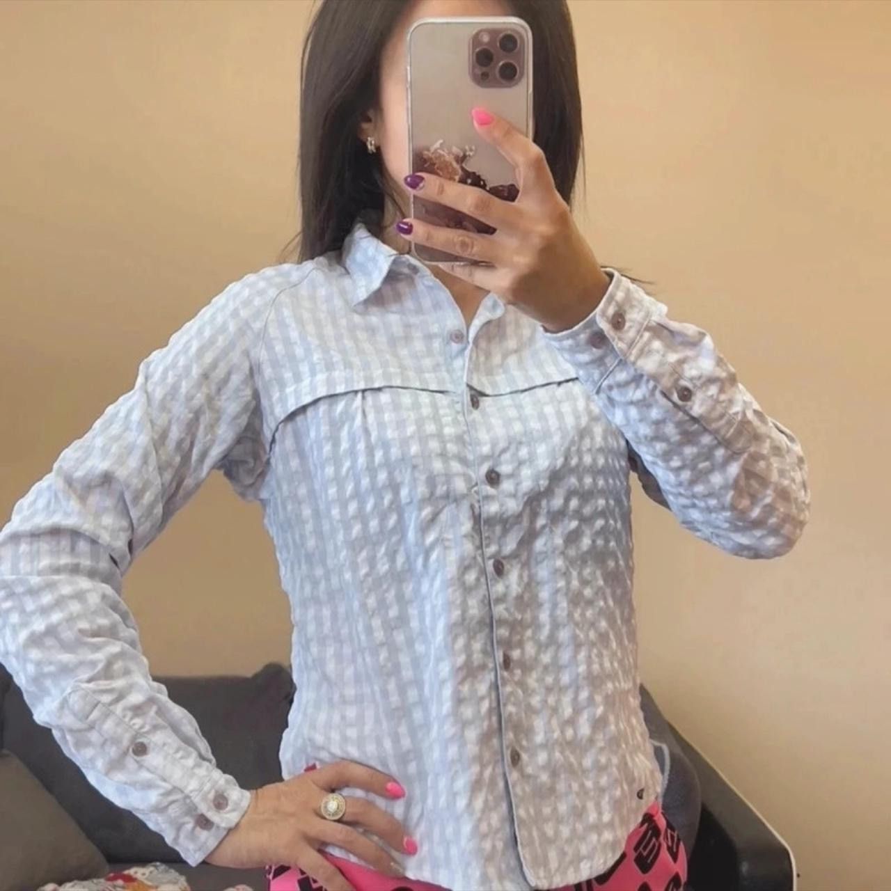Adidas Adidas Clima365 Womens Blue Checked Button Front Long Sleeve Size S / US 4 / IT 40 - 3 Thumbnail