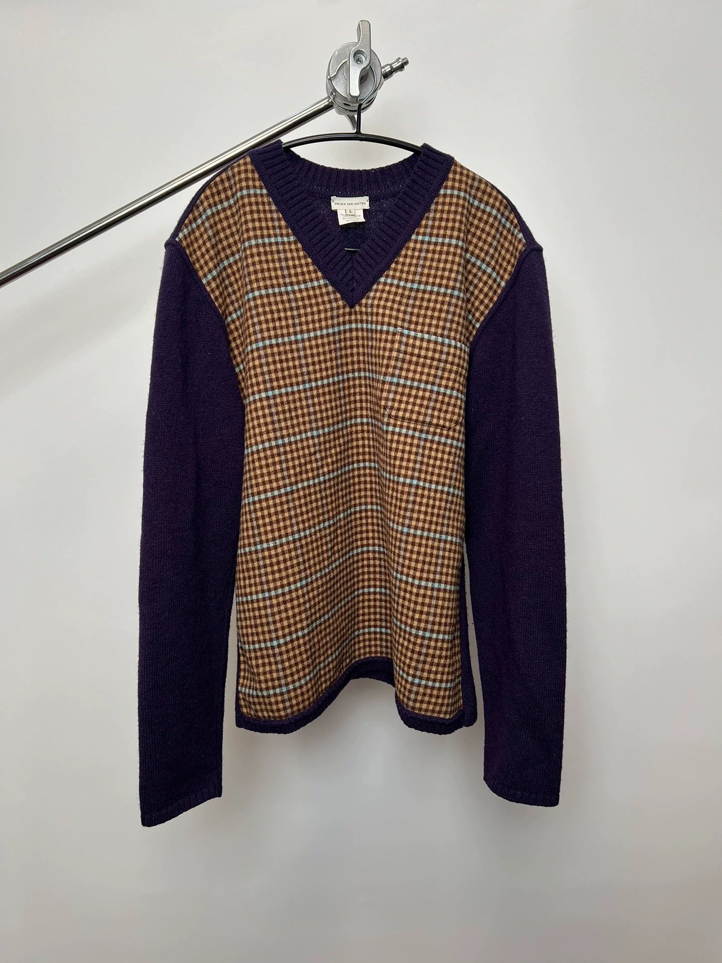 Dries Van Noten Dries Van Noten Check Purple Paneled Wool Sweater Size L / US 10 / IT 46 - 1 Thumbnail