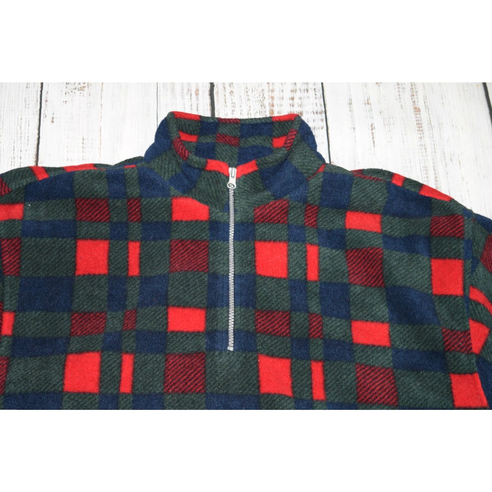 Sears VTG SEARS Trader Bay Western Plaid Fleece Jacket 1/4 Zip Retro Green Red Mens M Shirt Size US M / EU 48-50 / 2 - 2 Thumbnail