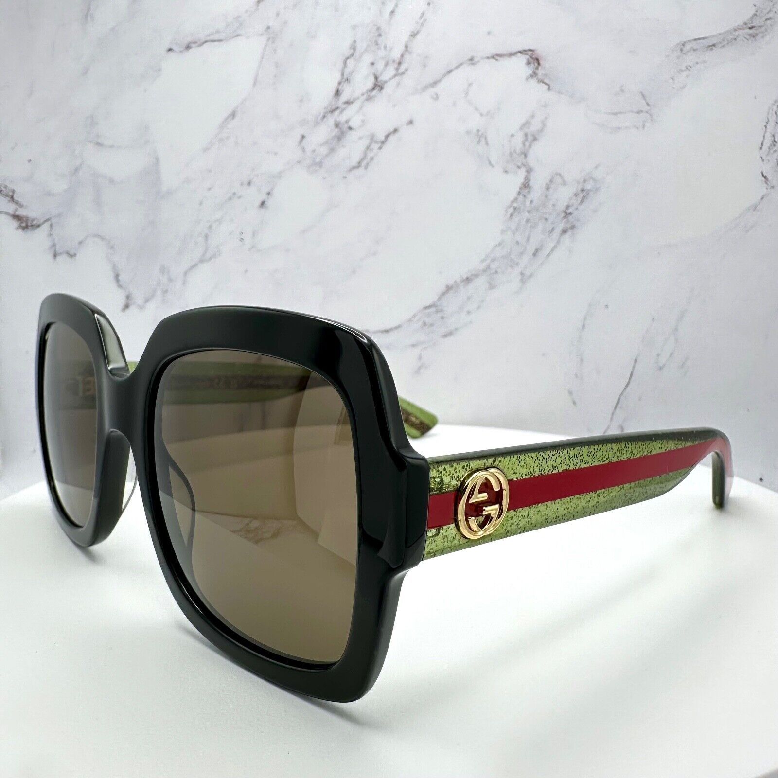 Gucci New Gucci Sunglasses Black Square Red Green Web Arms Gold Size ONE SIZE - 14 Thumbnail