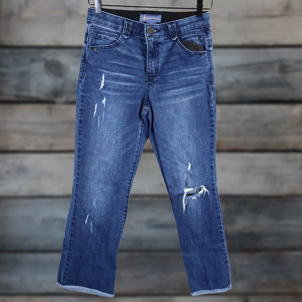 Vintage Democracy Jeans Women's 2 (28 x 27) Blue Distressed Straight Denim 5-Pocket Zip Fly Retro 90s Hipster Style Mens Womens Girls Size 26" / US 2 / IT 38 - 1 Thumbnail