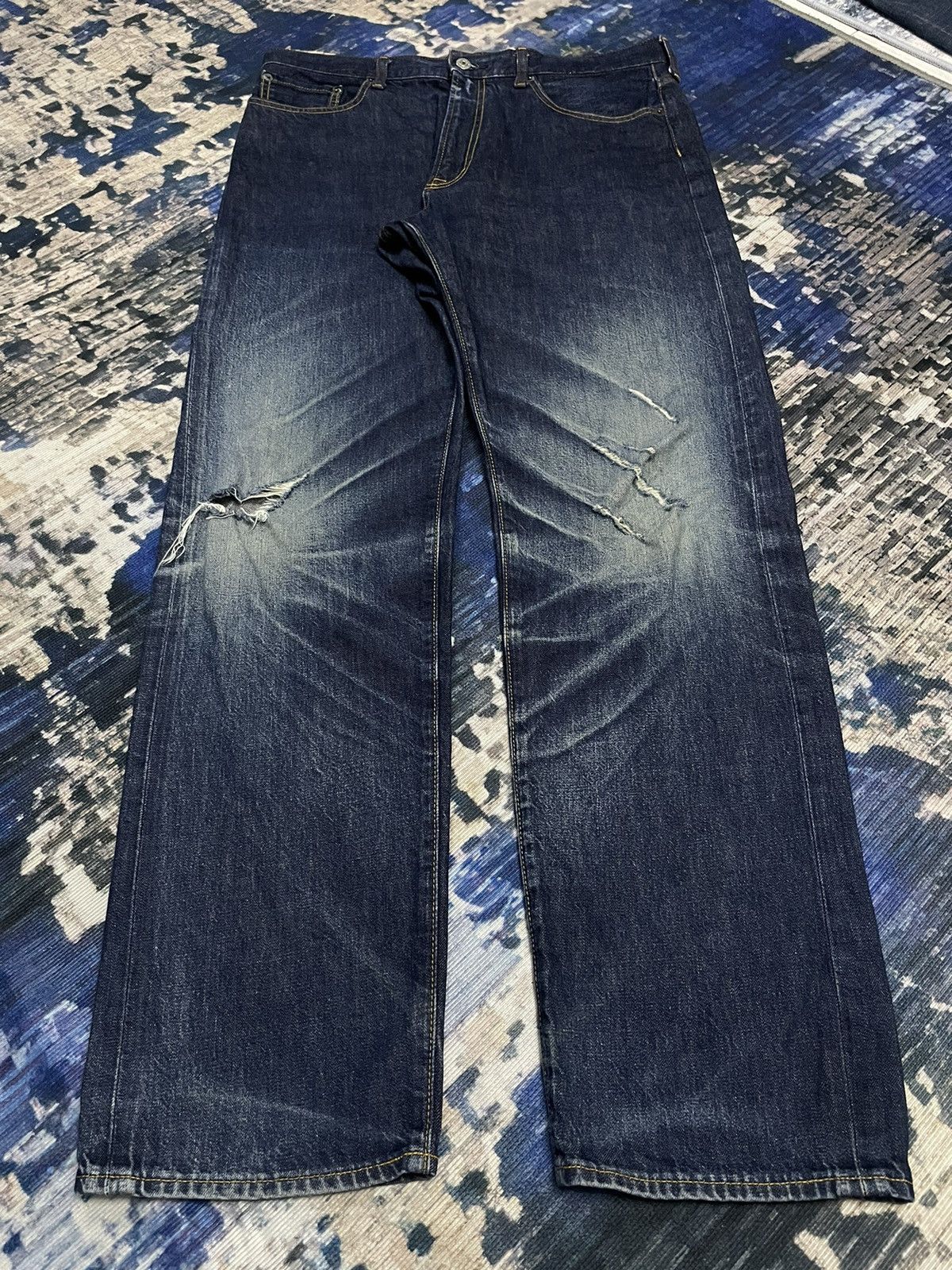 GU × Undercover 🇯🇵 GU Straight Baggy Distressed Undercover Style Indigo Denim Size US 35 - 1 Thumbnail