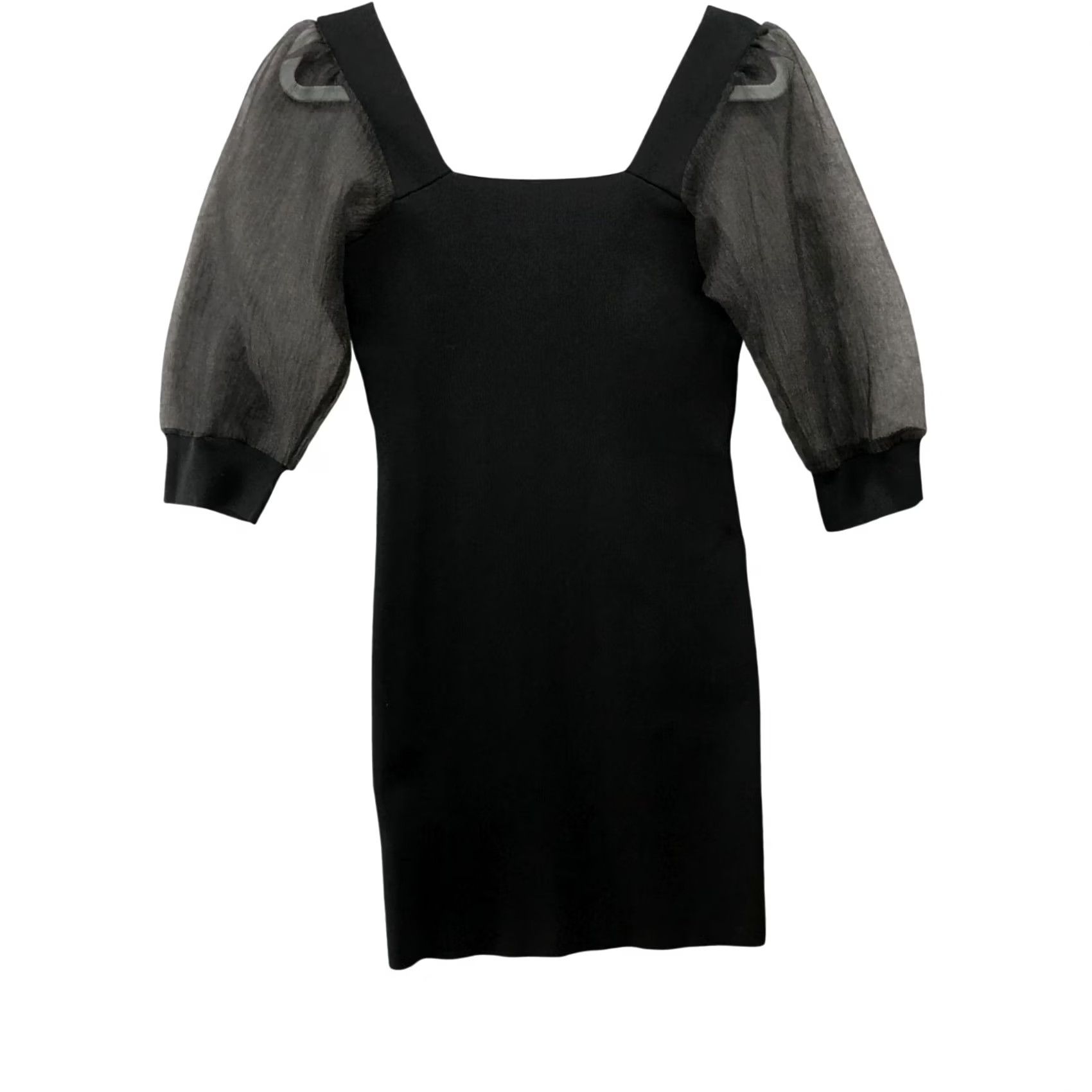 Mango MNG Black Mini Dress Size S Puff Sleeve Square Neck Knit Bodycon Swt Sweater Dress, Viscose Nylon, Short, Regular, Women Size S / US 4 / IT 40 - 2 Thumbnail